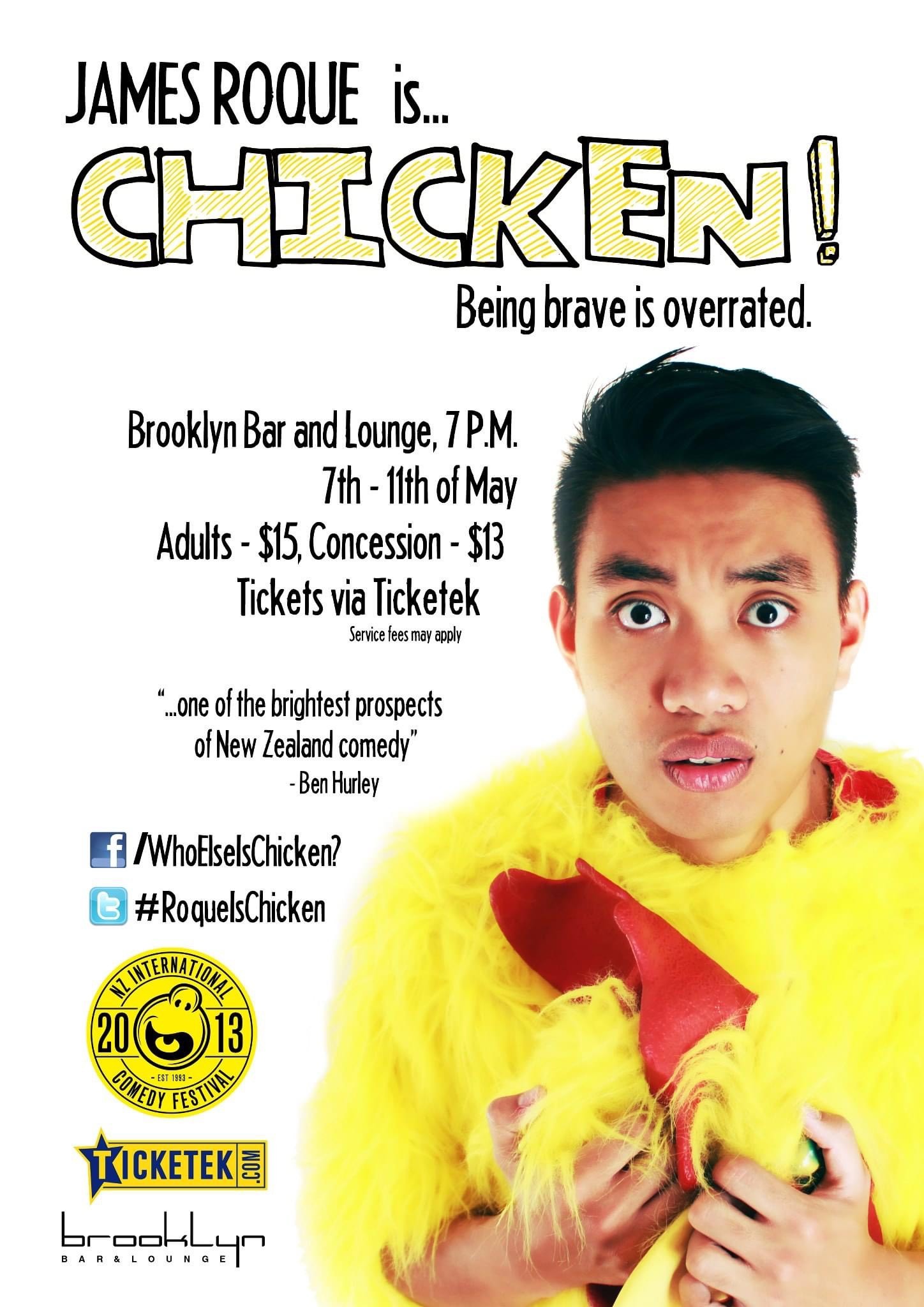 Comedy show poster with a photograph of James Roque dressed in a chicken costume.