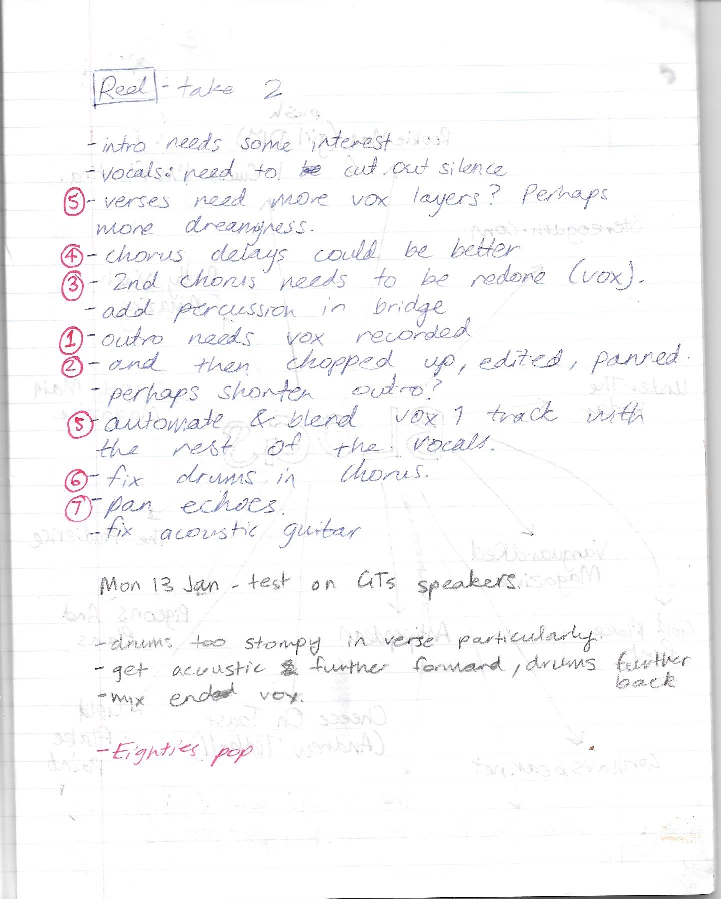handwritten notes on how to improve song