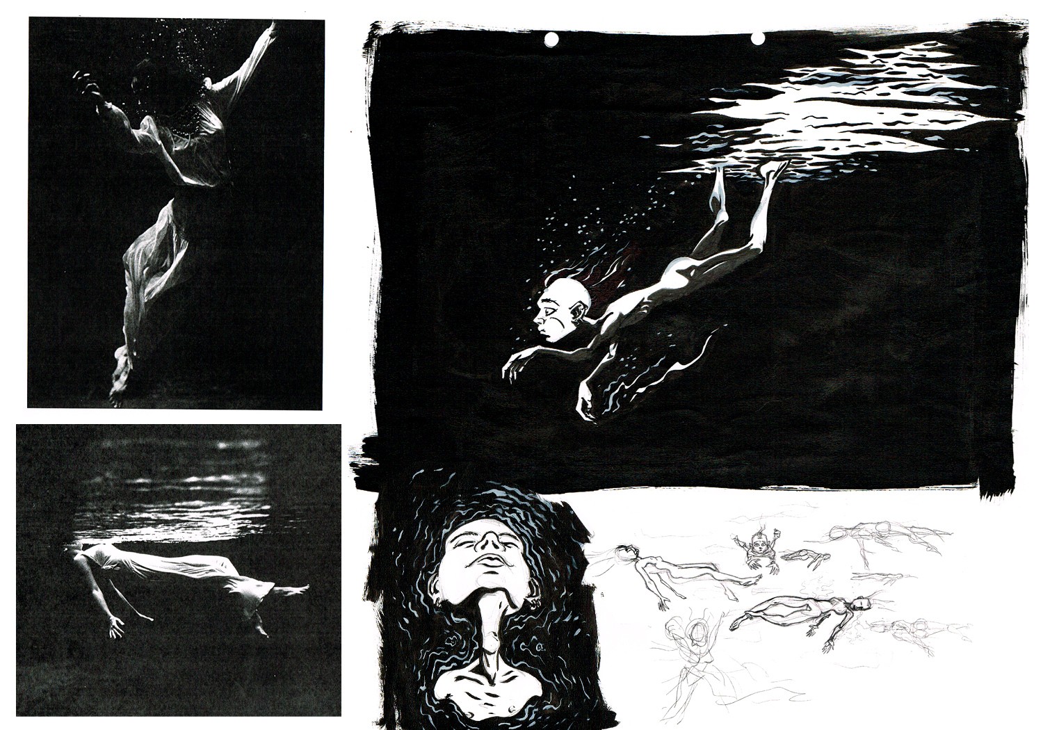 Draft ink sketches of swimming with inspiration images. 