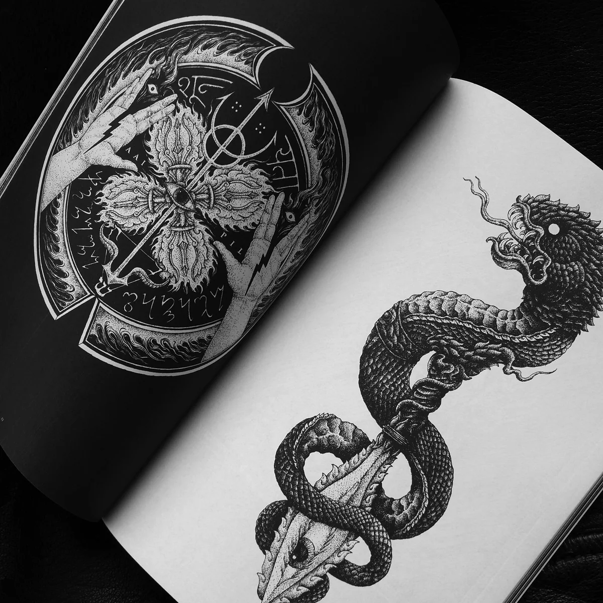 Page spreads of a zine featuring white abstract illustrations on black paper. The illustrations have a morbid tone to them.