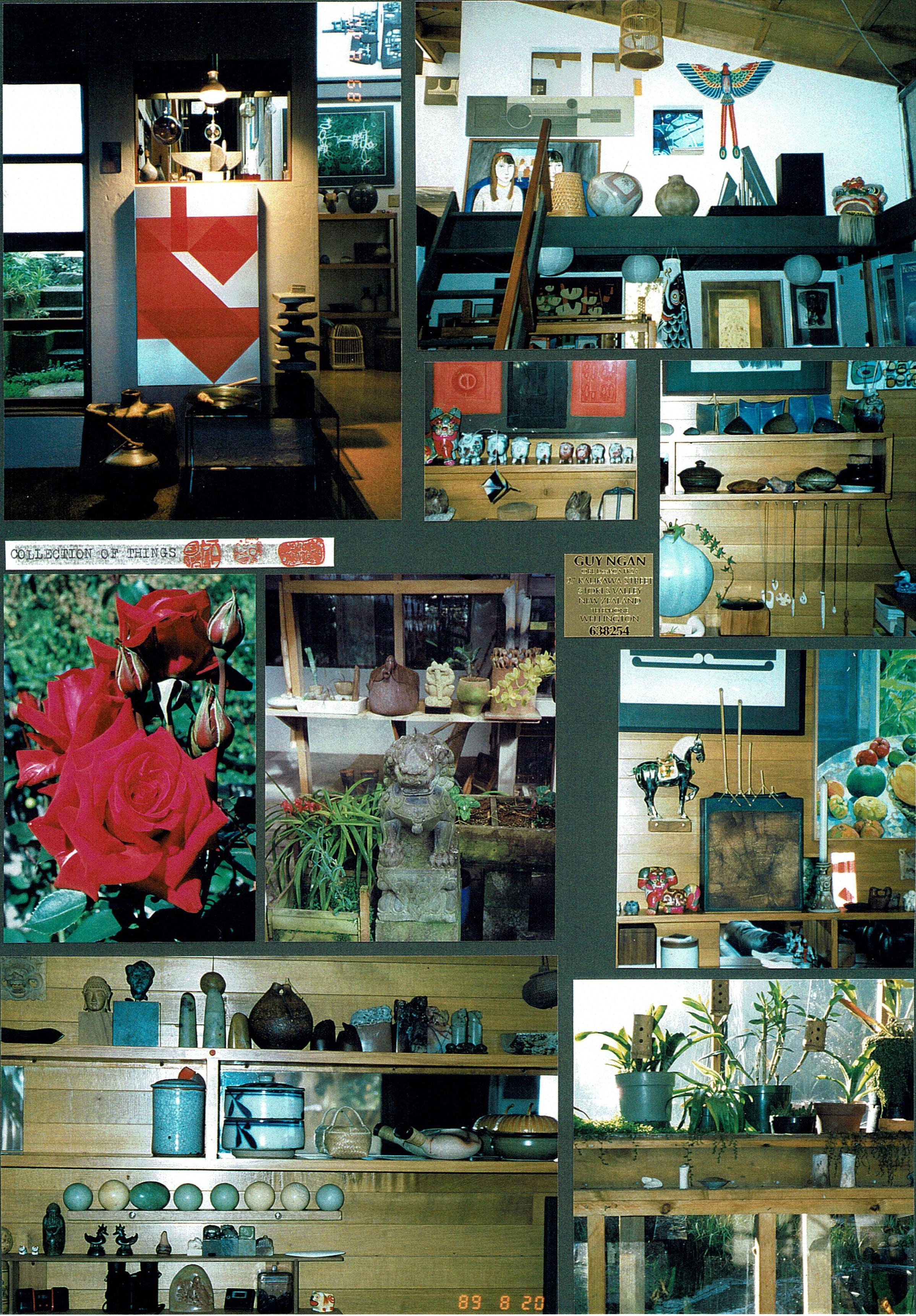 Collage of phtographs of collected items such as vases and sculputres in Guy Ngan's house