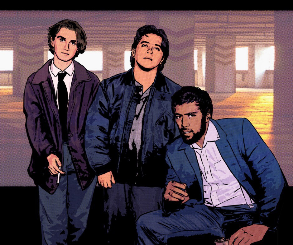 A stylised image of three men with serious expressions wearing coats, two are standing while one is sitting