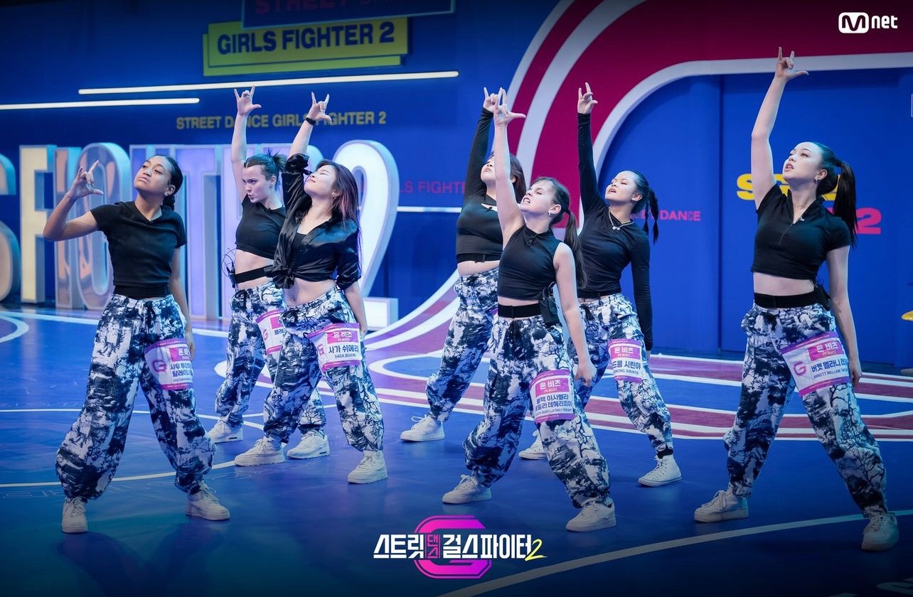 Seven dancers in matching camo pants and black shirts with their right hands raised to the sky in matching formation