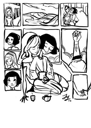 A draft comic page in black and white of two people embracing.