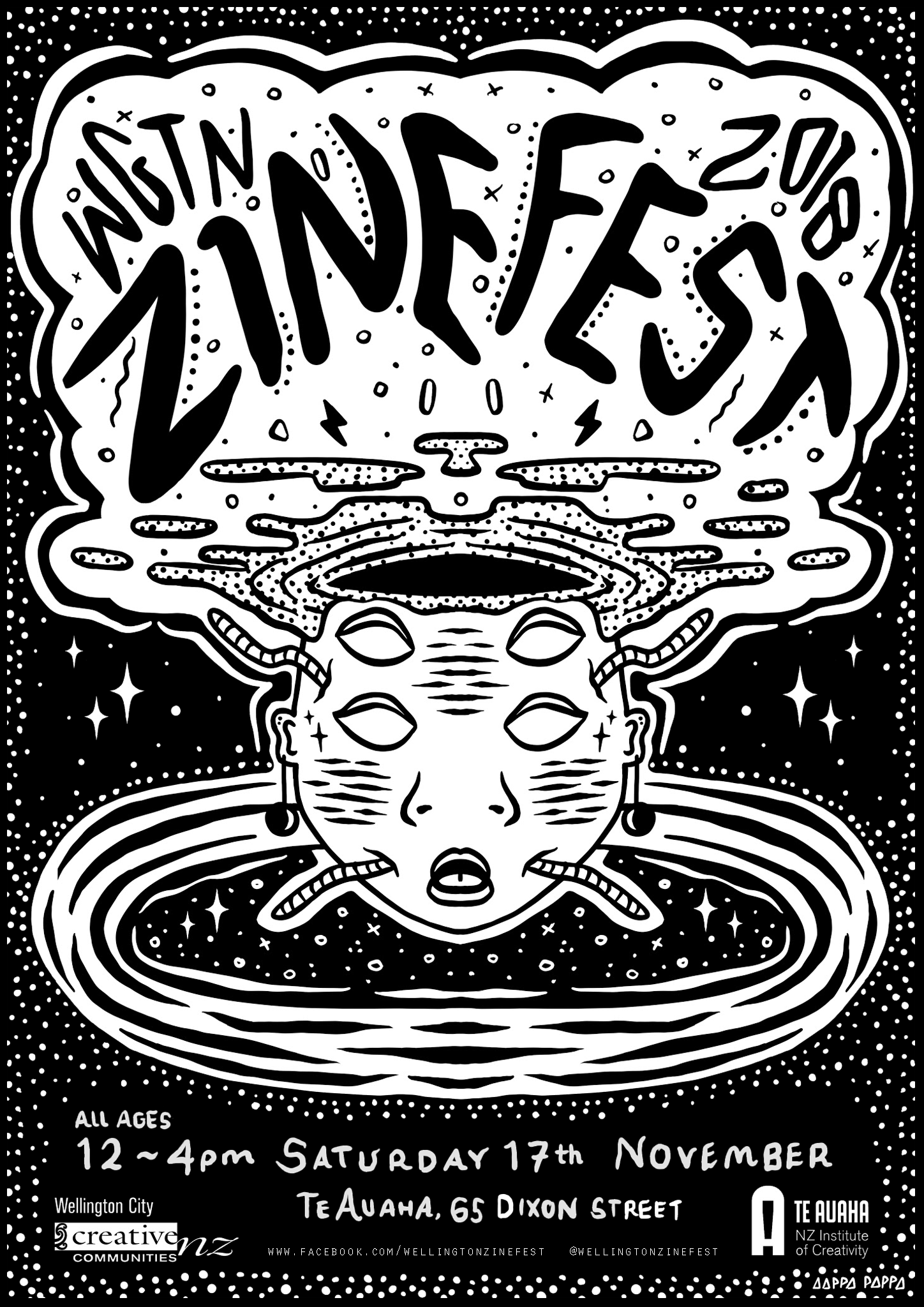 Black and white poster for Wellington Zine Fest 2018