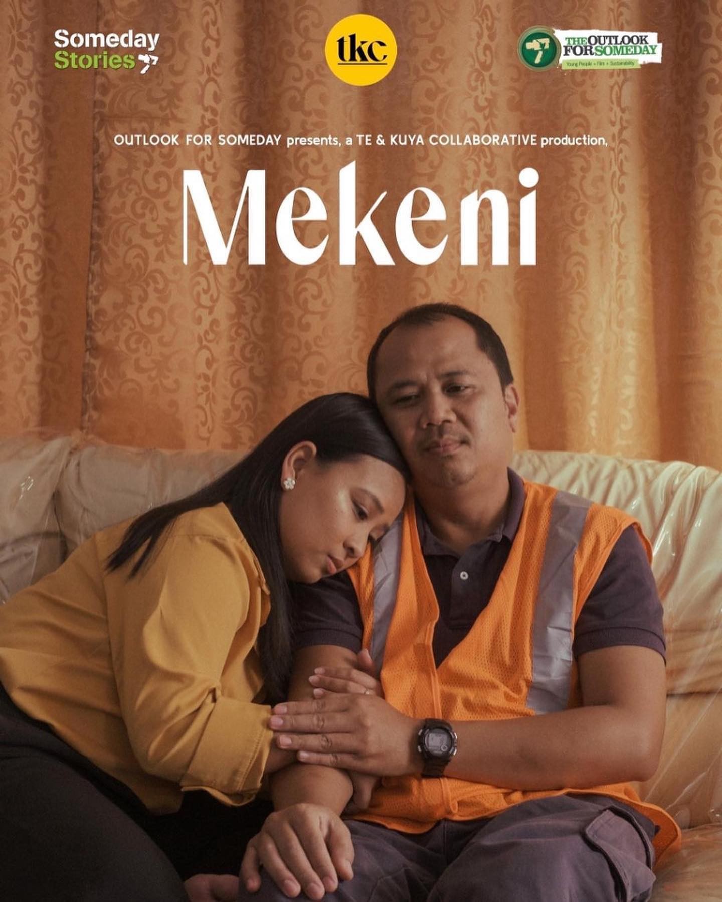 Poster design featuring a father and daughter sitting on a couch with the words 'Mekeni' at the top