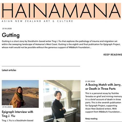 Screenshot of a blog homepage with articles and photo previews. The name of the website is on a peach background.