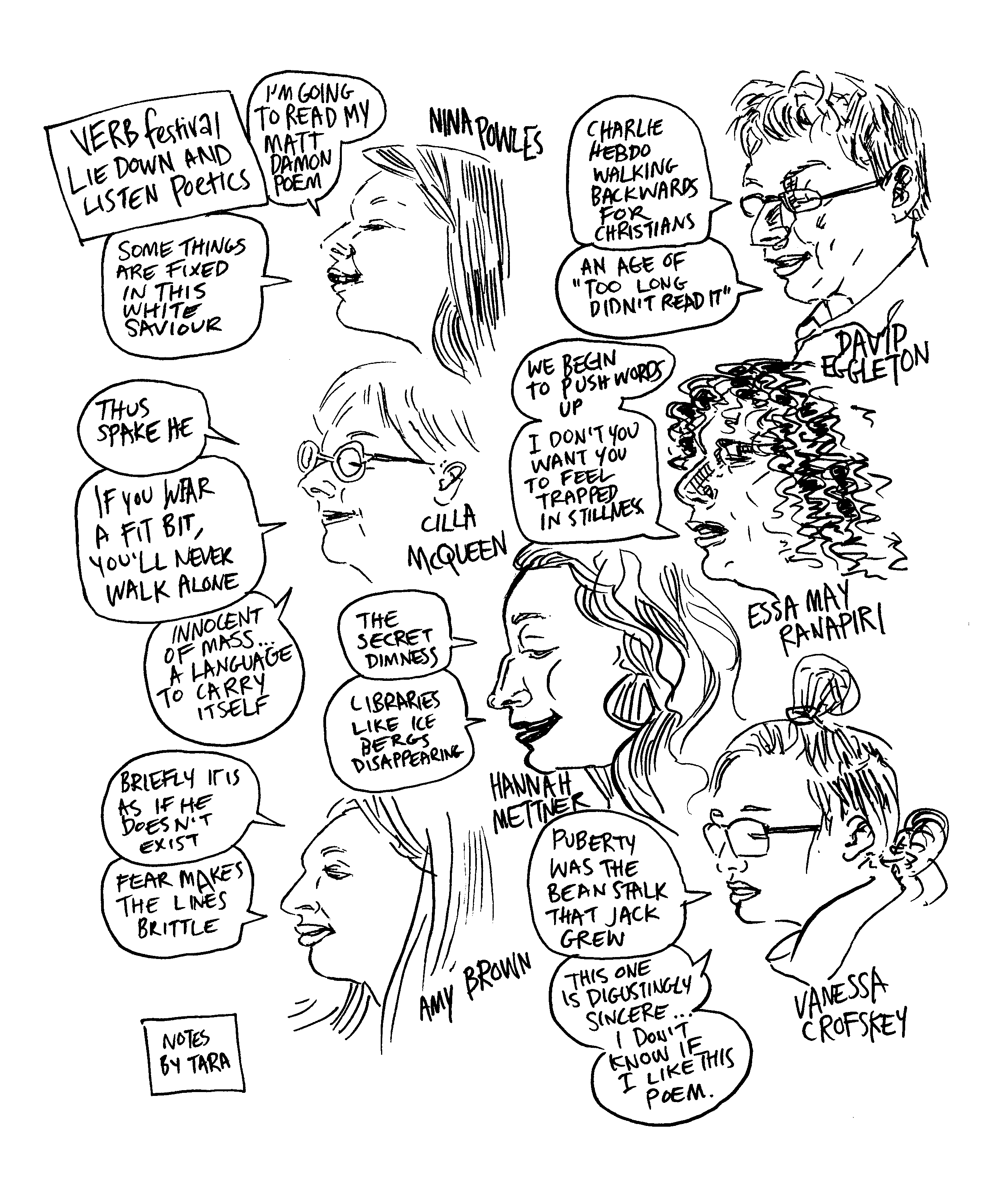 Comic-style drawing documenting an event with portraits of the speakers and speech bubbles with quotes.