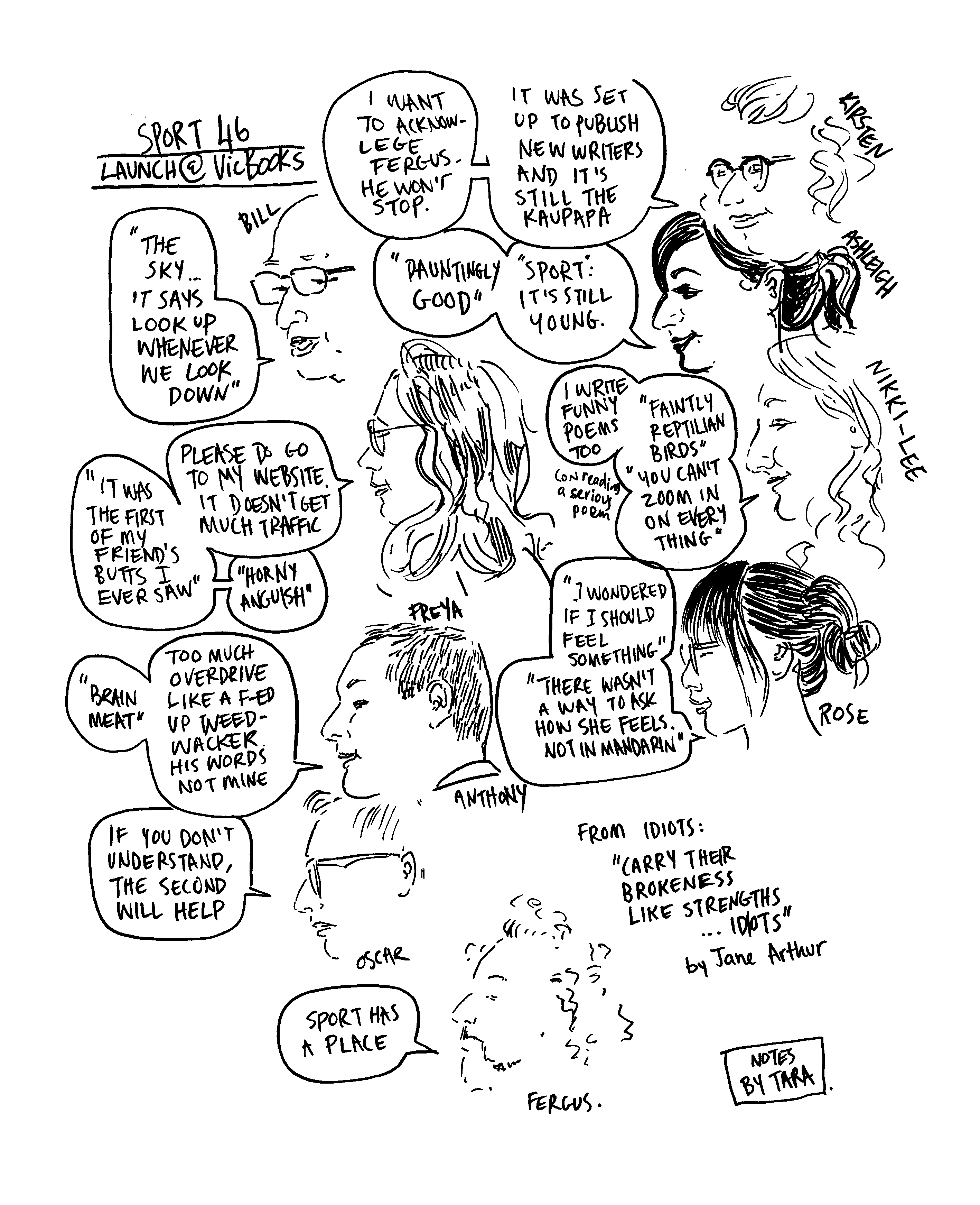 Comic-style drawing recording an event with portraits of the speakers and speech bubbles with quotes.