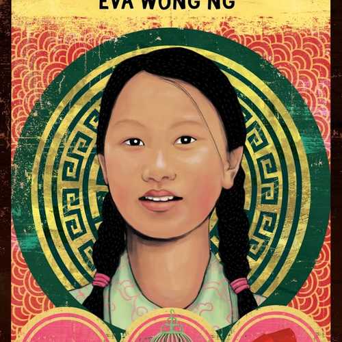 An illustration of a young Chinese girl with two plaits against a patterned background, with pictures of fish, a caged bird and red envelopes at the bottom