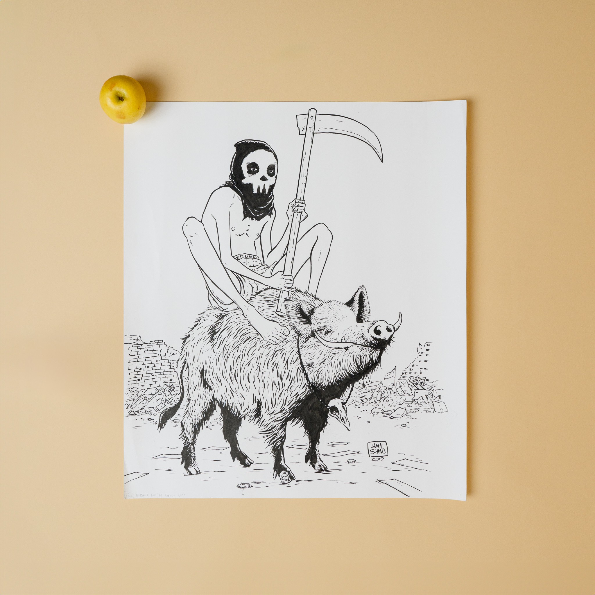 A drawing of a boy in a skull mask riding a boar, holding a scythe