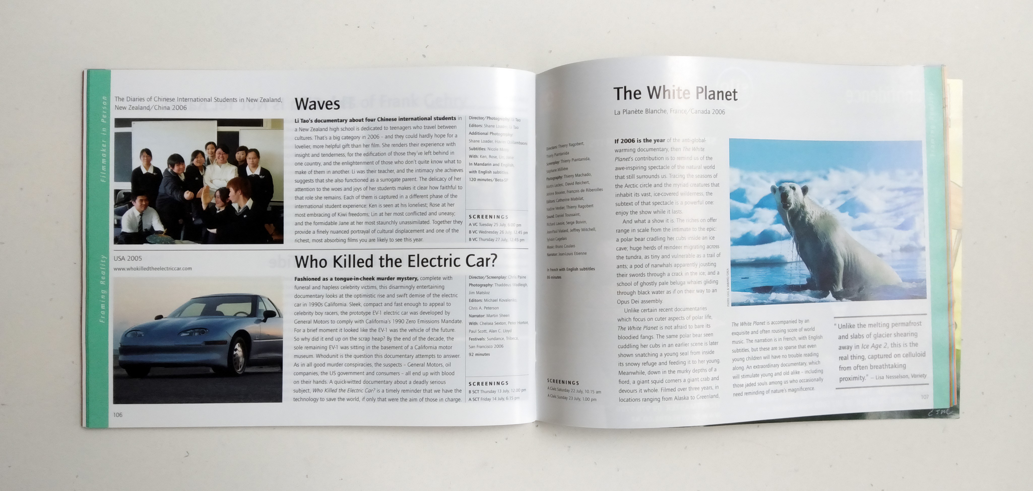 A catalogue for the New Zealand International Film Festival, open at pages 106–107, advertising the films “Waves”, “Who Killed the Electric Car?” and “The White Planet”.