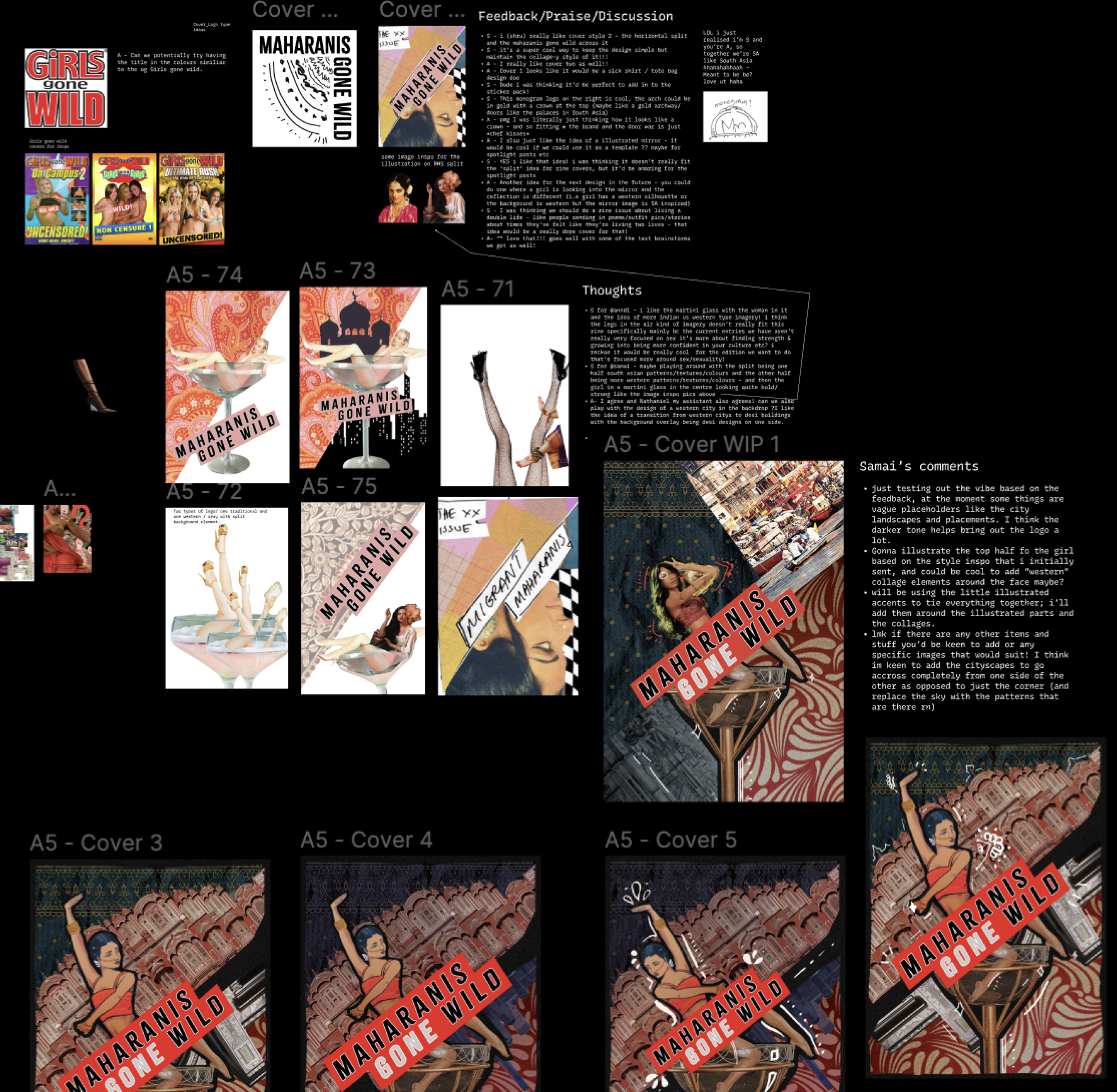 Draft plans of different cover designs and feedback.