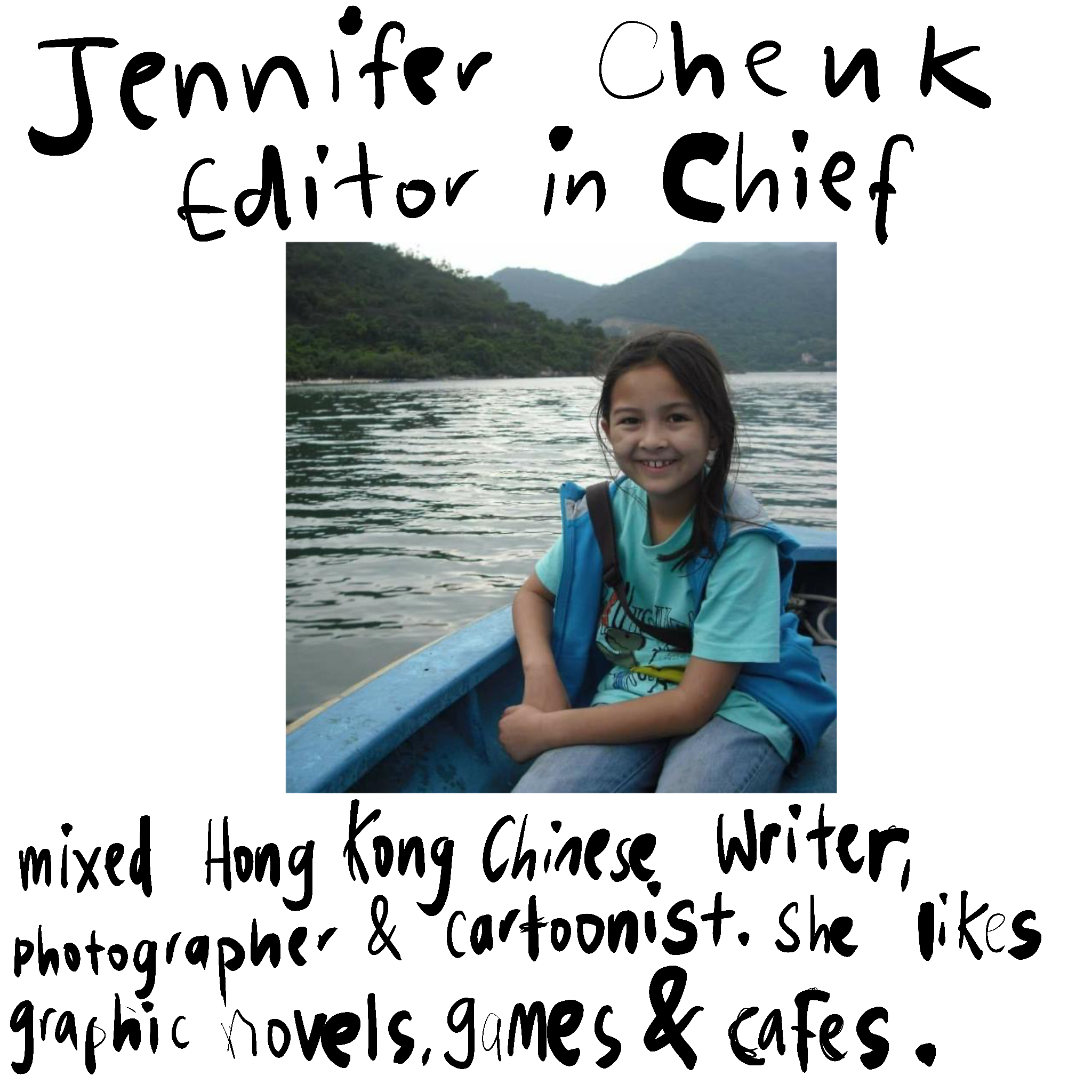 A photo of a girl in a boat, with handwritten text introducing her around the photo.