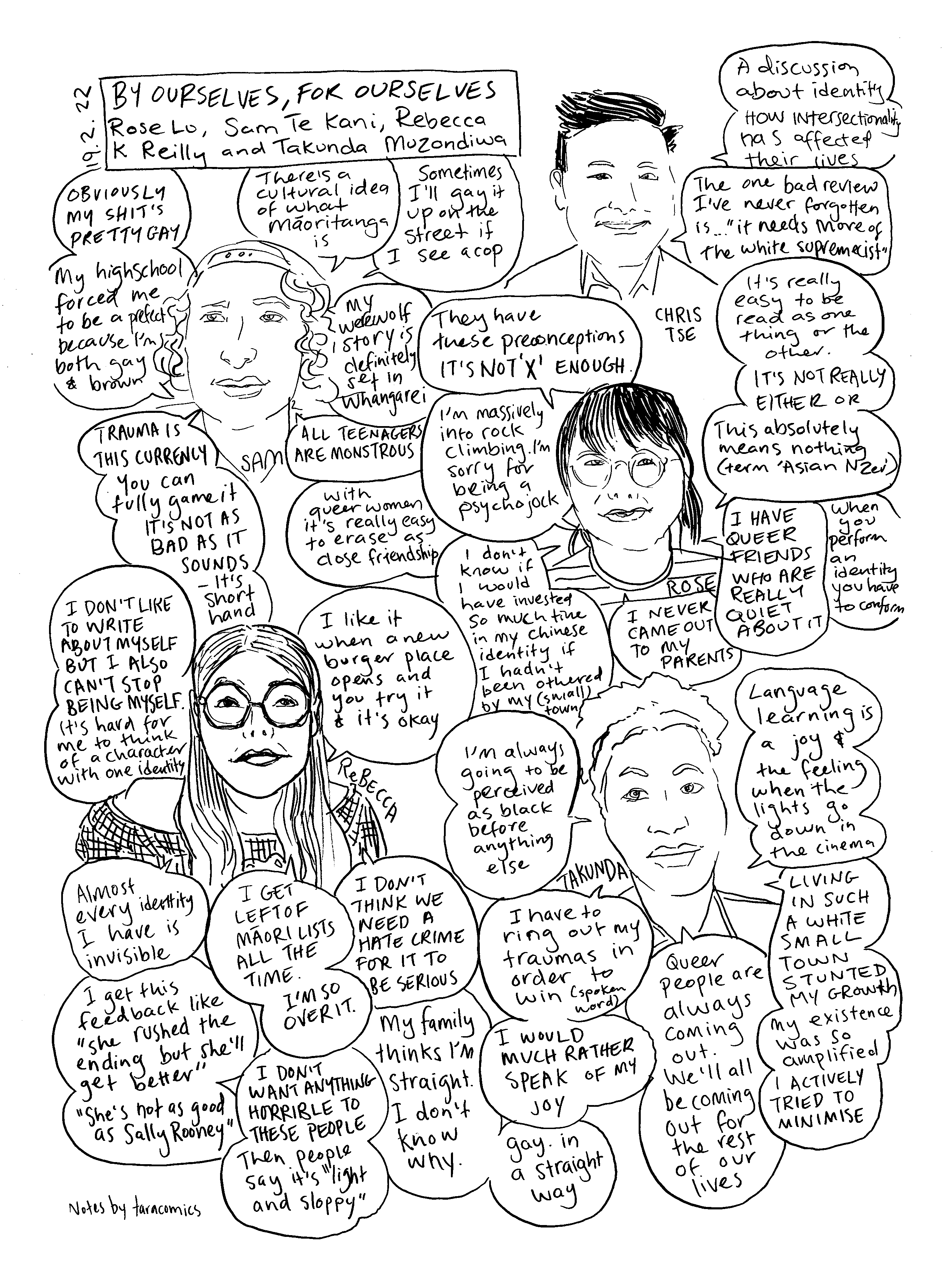 Cartoon heads with quotes from the talk