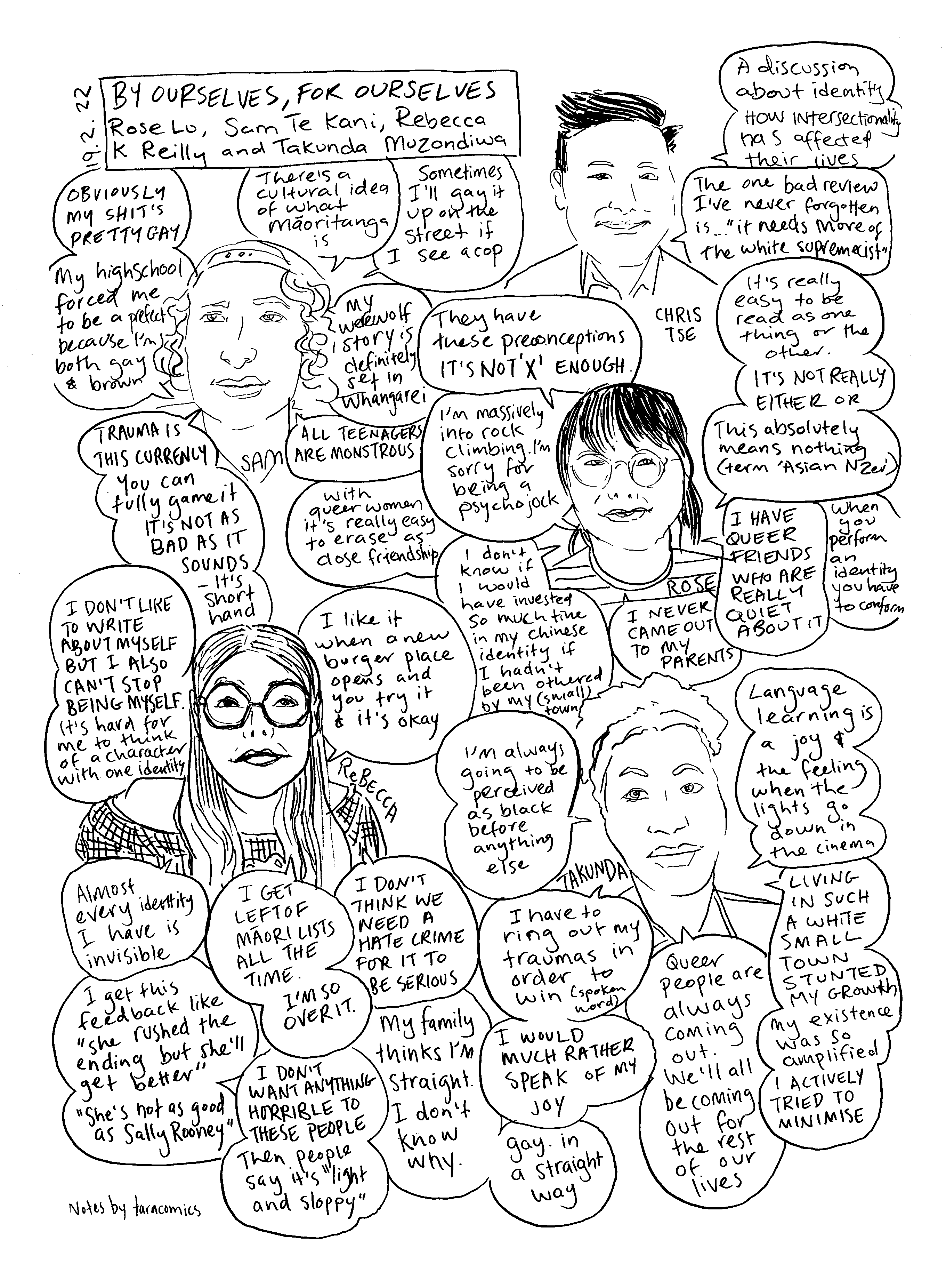 Comic-style drawing documenting an event with portraits of the speakers and speech bubbles with quotes.