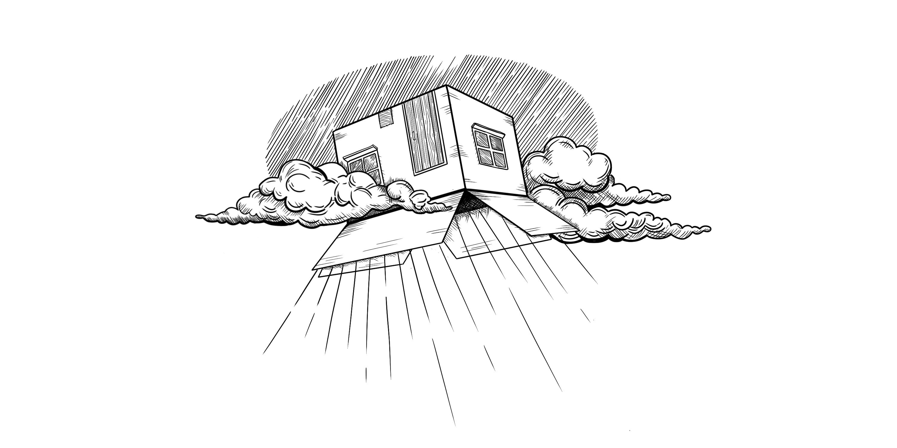 Illustration of an upside down cardboard box with doors and windows.