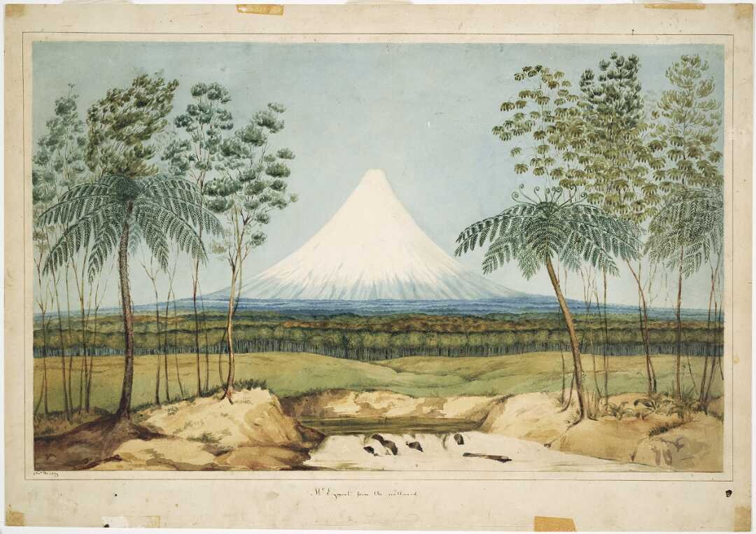 Painting of a steep symmetrical Mount Taranaki with bare farmland in front, framed by slim ponga trees.