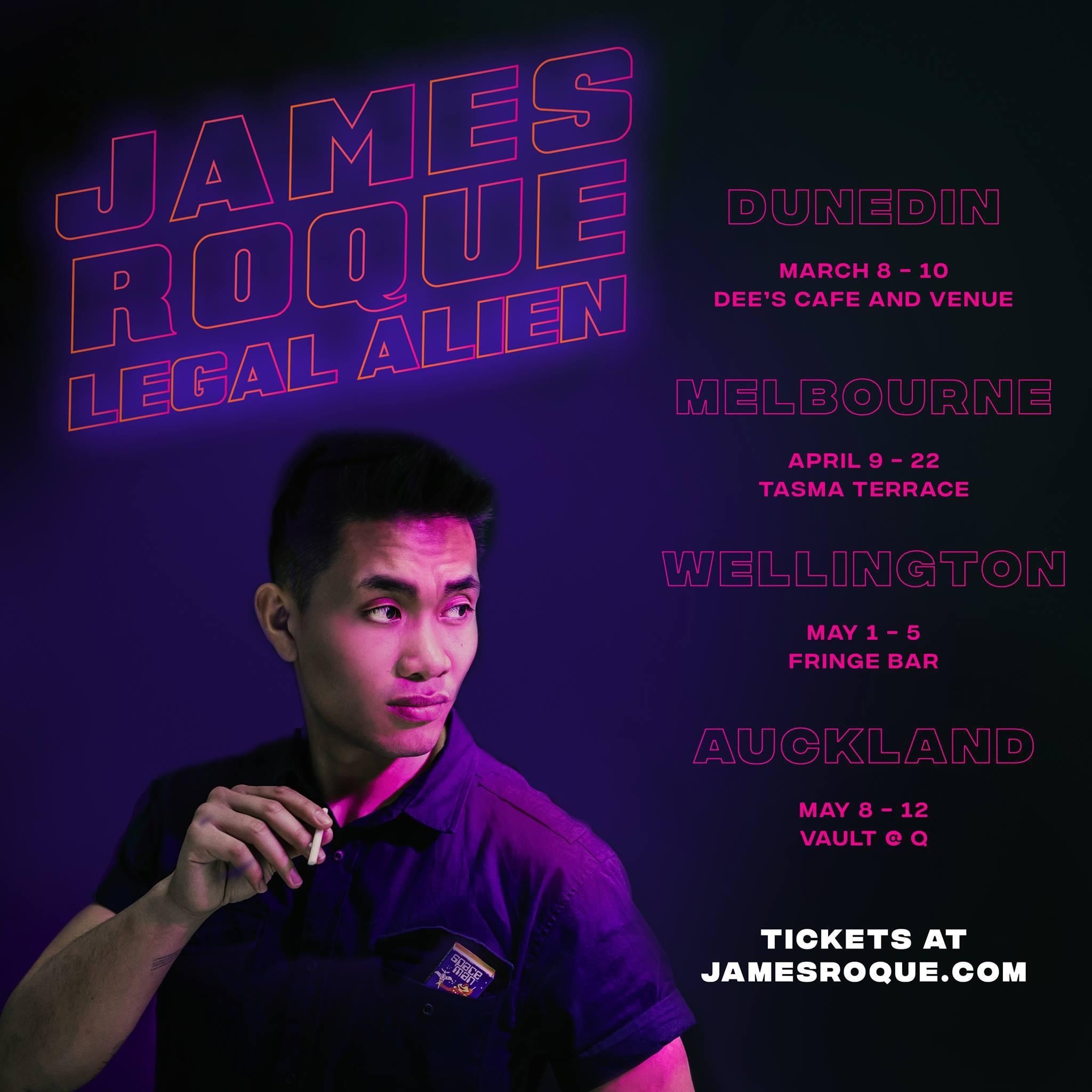 Digital flyer for a comedy show with a a photograph of James Roque under pink lighting.