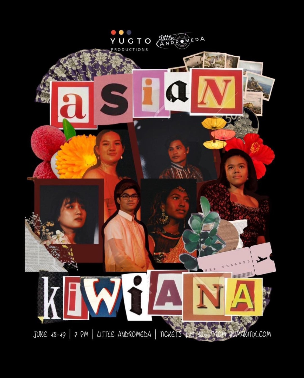 A poster collage of faces, plants, objects and letters 