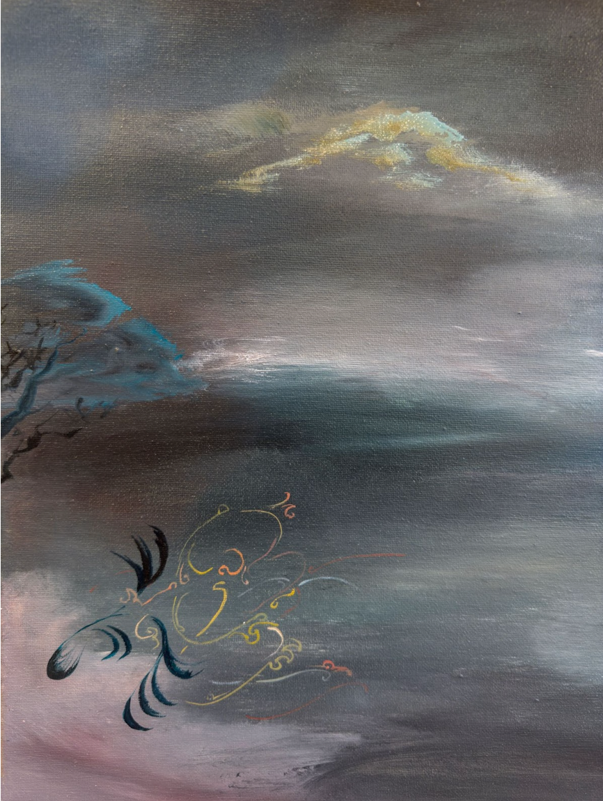 Wind, trees, and a 9 Tail Fox spirit depicted in blues, white, yellows and pinks