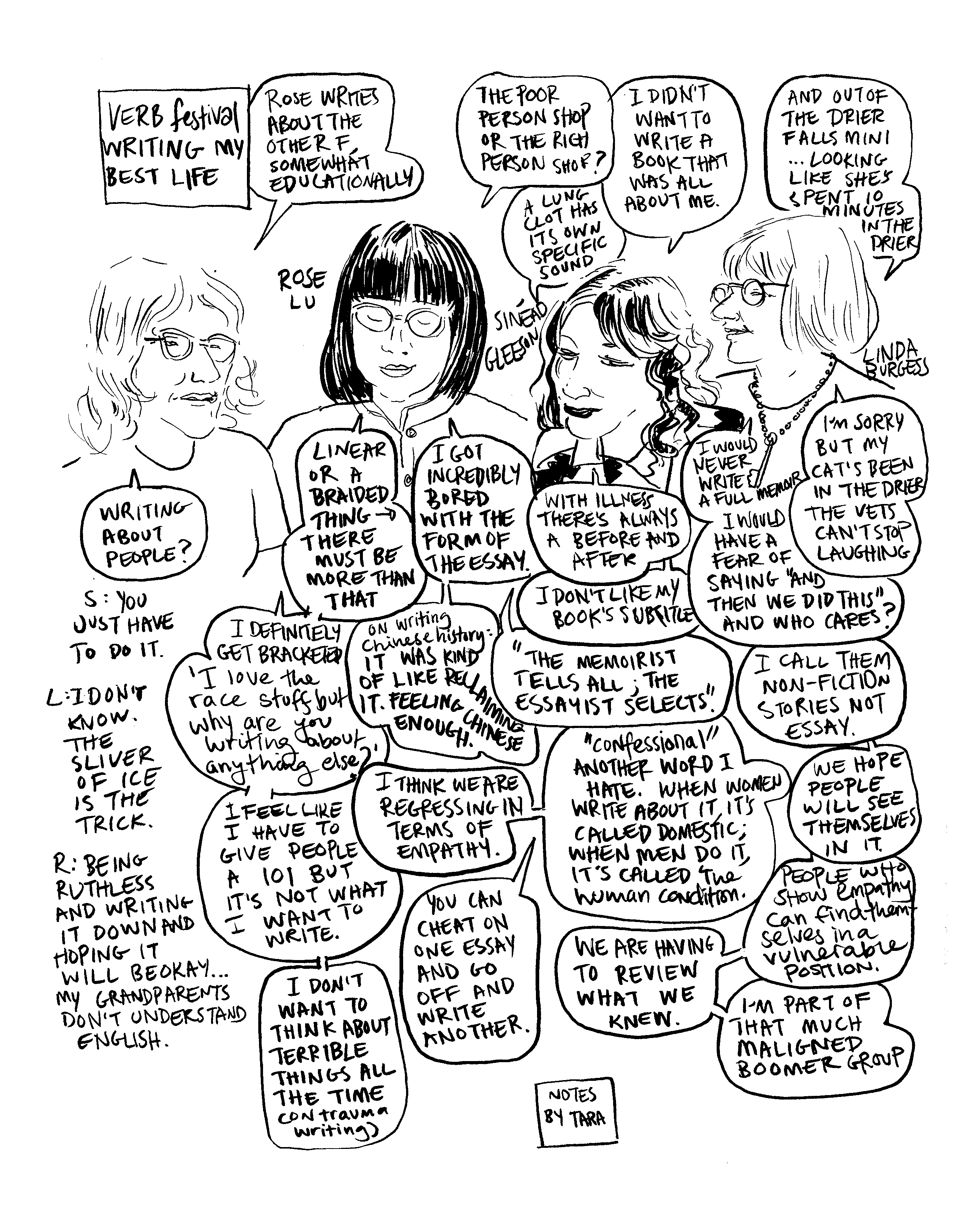 Comic-style drawing documenting an event with portraits of the speakers and speech bubbles with quotes.