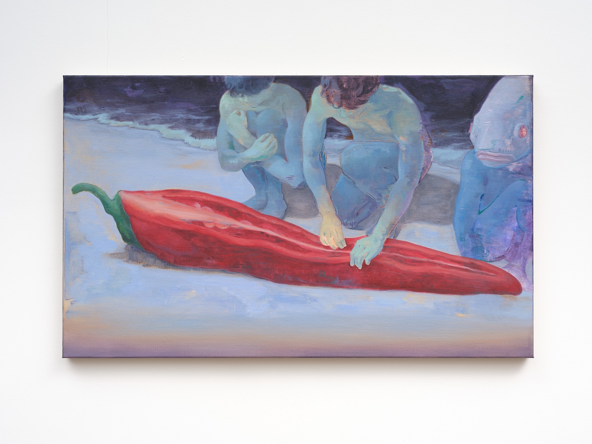 A painting of a beach scene with blue people and a larger red chilli