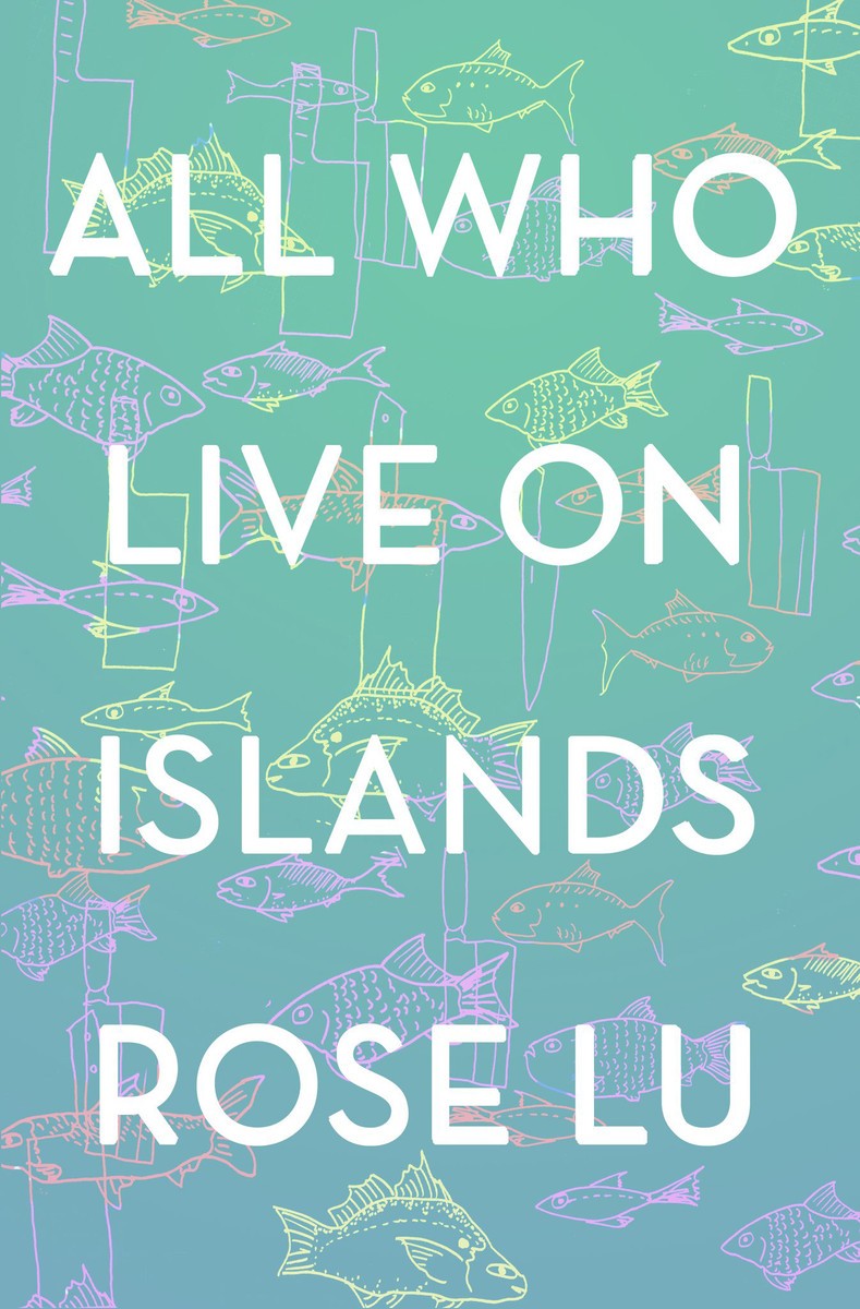 An aqua background with outlines of fish in neon lime and pink, with the book's title splayed across the entire cover in plain font.