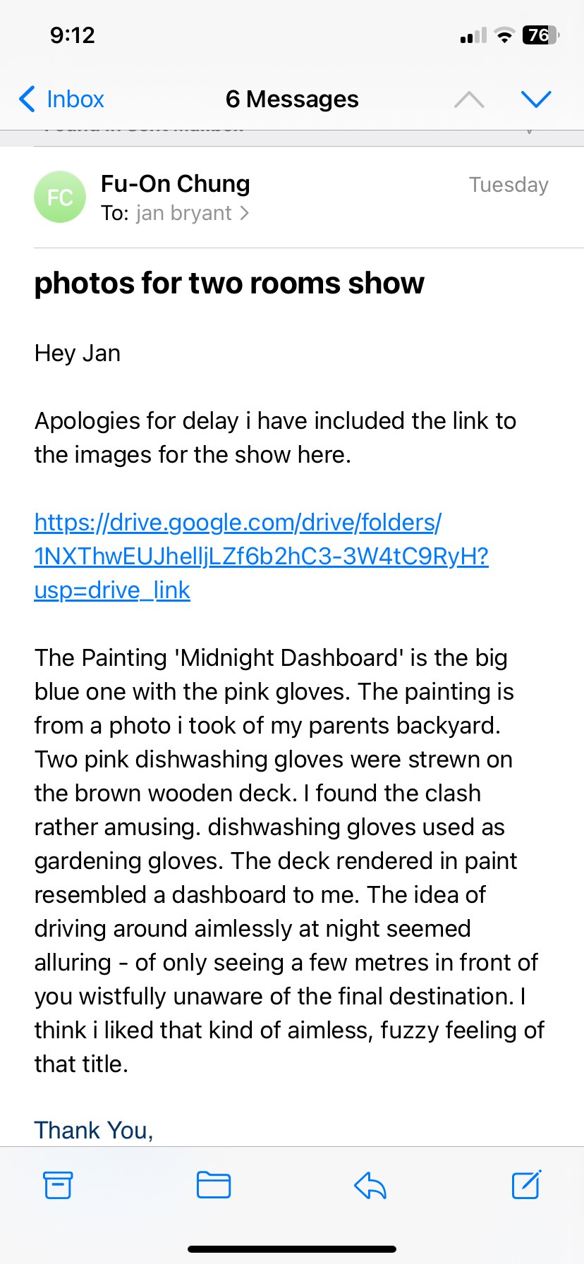 A smartphone screenshot of an email from the artist. 