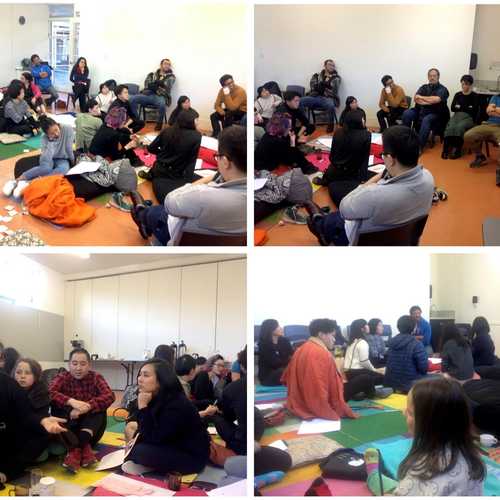 Four phtoos of Asian people in a room, sitting on the floor and on chairs, engaged in discussion