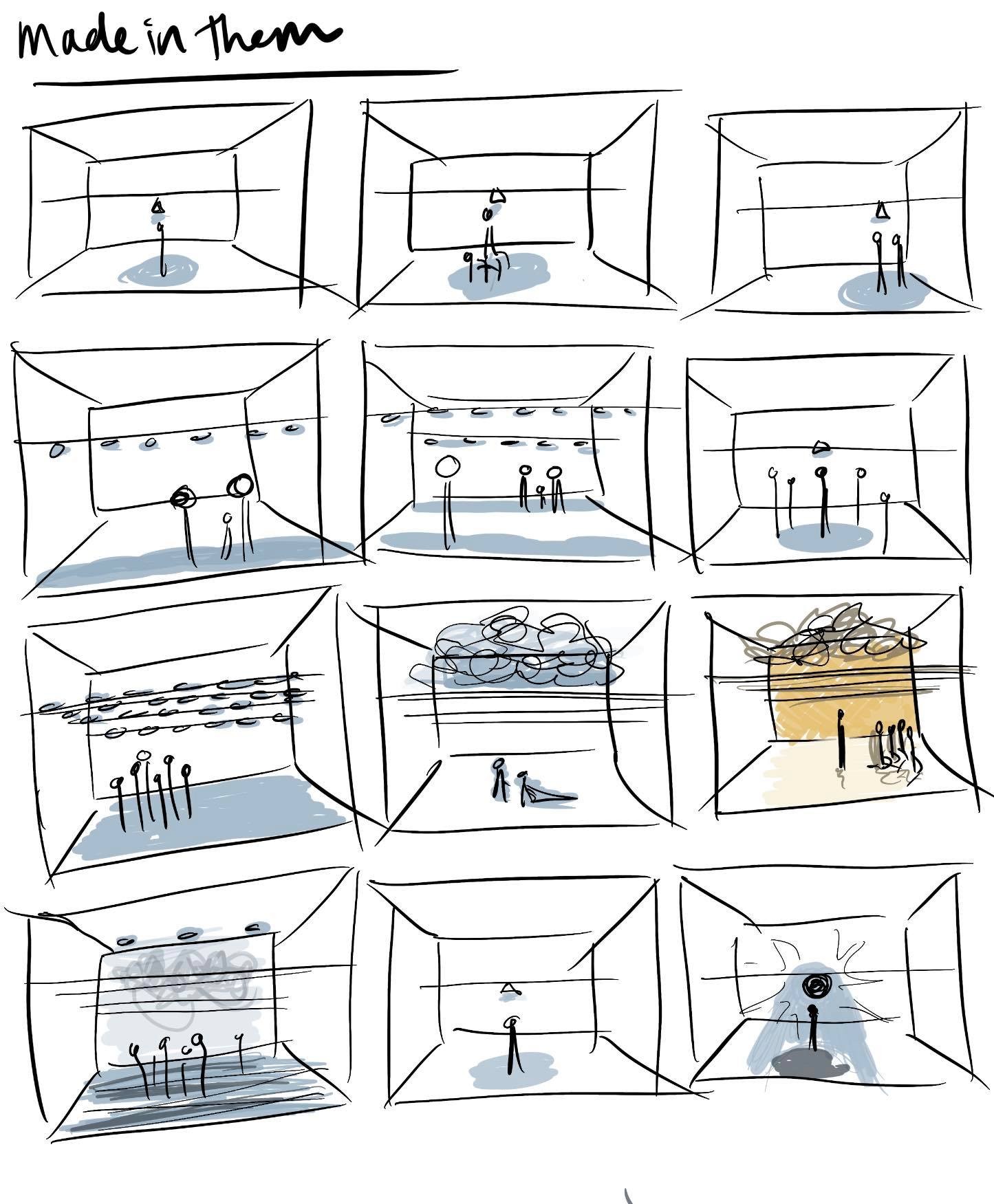 A series of sketches of a stage with different lighting effects