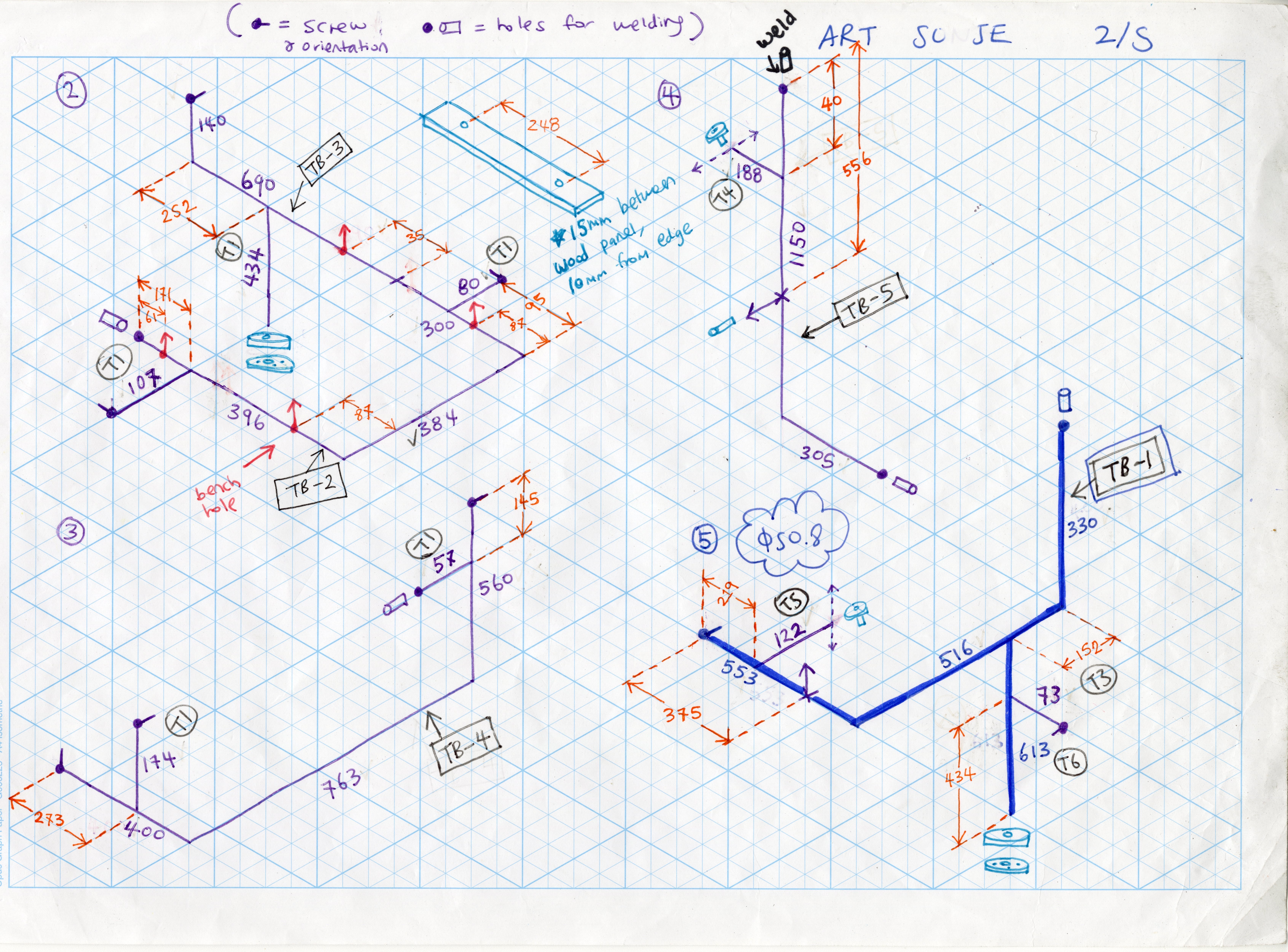 A sheet of isometric grid paper with drawings and measurements in different coloured pens, planning for the fabrication of a sculpture