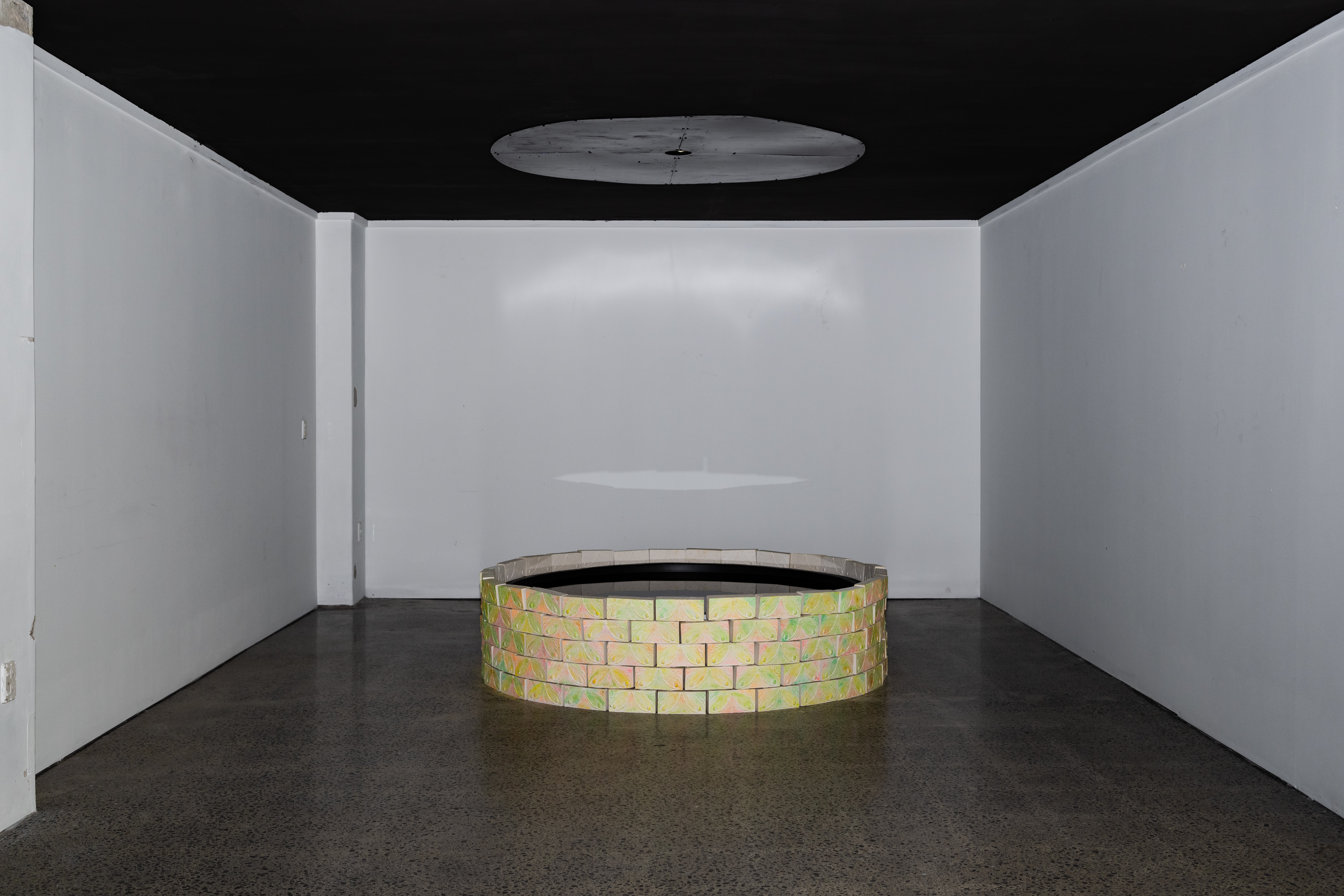a well built from handmade bricks, a circular projection of video work sits inside the well and reflects onto the ceiling