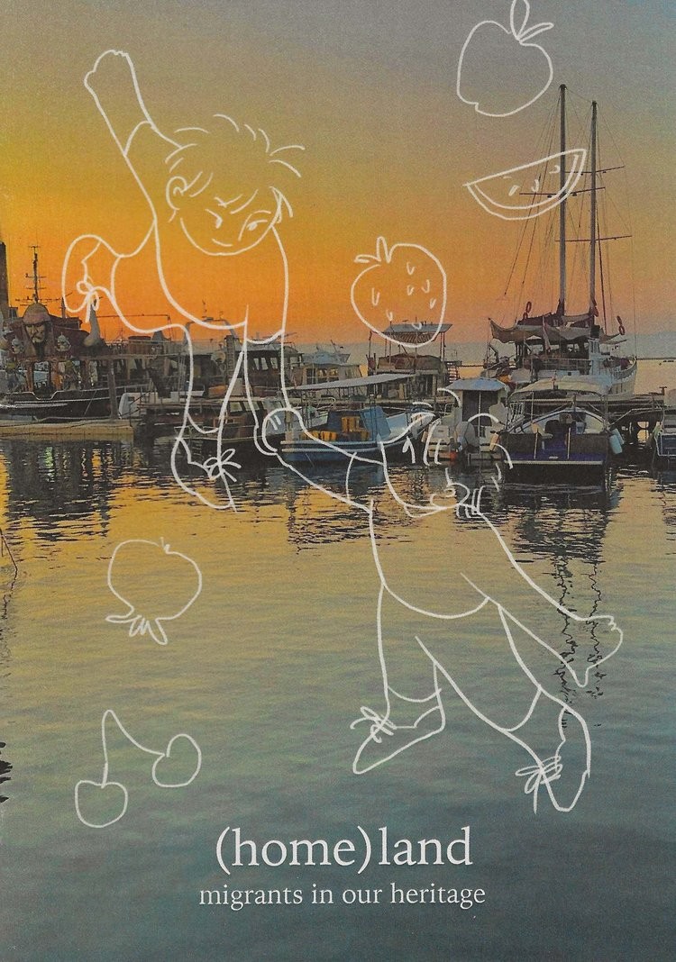 A photograph of a boats on the water at sunset with white line art figures holding hands and illustrations of fruit drawn on top.  