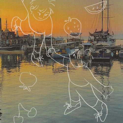 A photograph of a boats on the water at sunset with white line art figures holding hands and illustrations of fruit drawn on top.