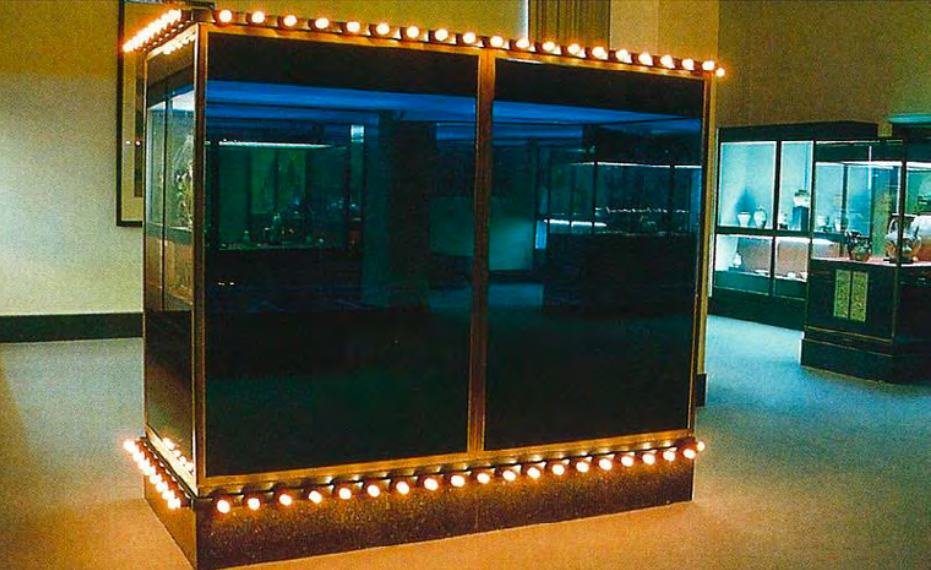 A glass case with dark panels is illuminated by flashbulbs