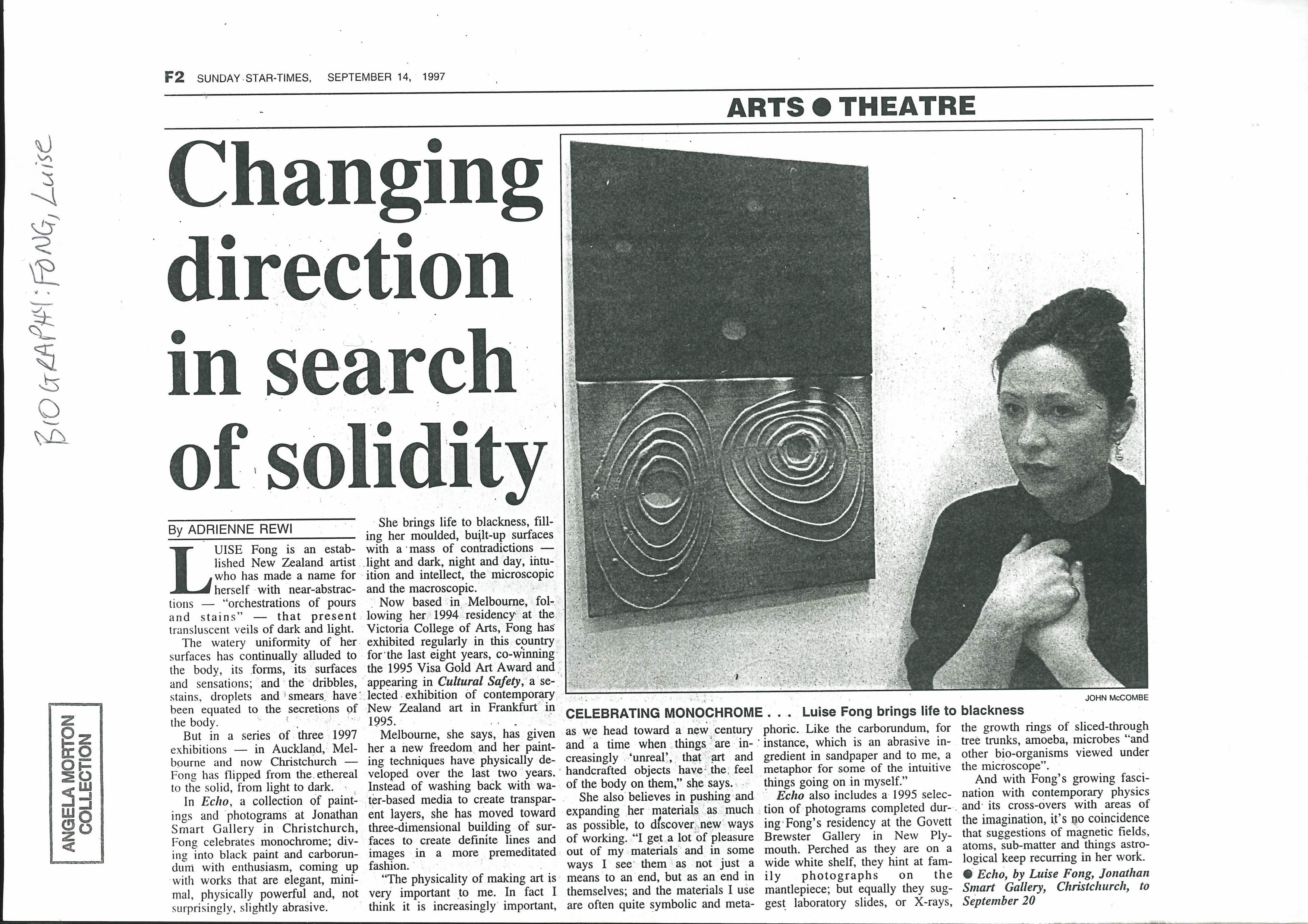 Photocopy of newspaper article including photograph of Luise Fong wth her work. 