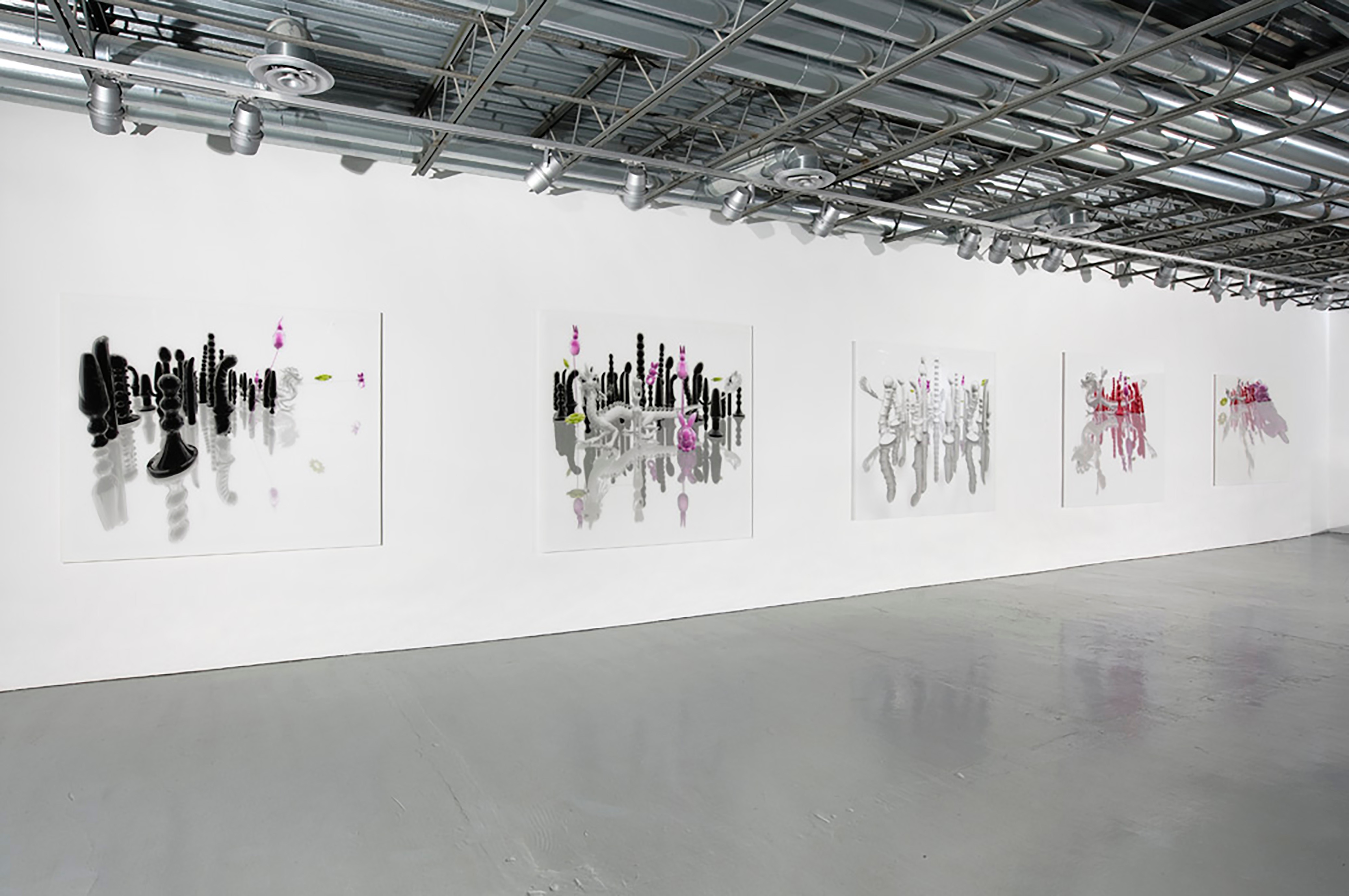 Four large white works with shiny animated black, pink and red figures on a gallery wall.