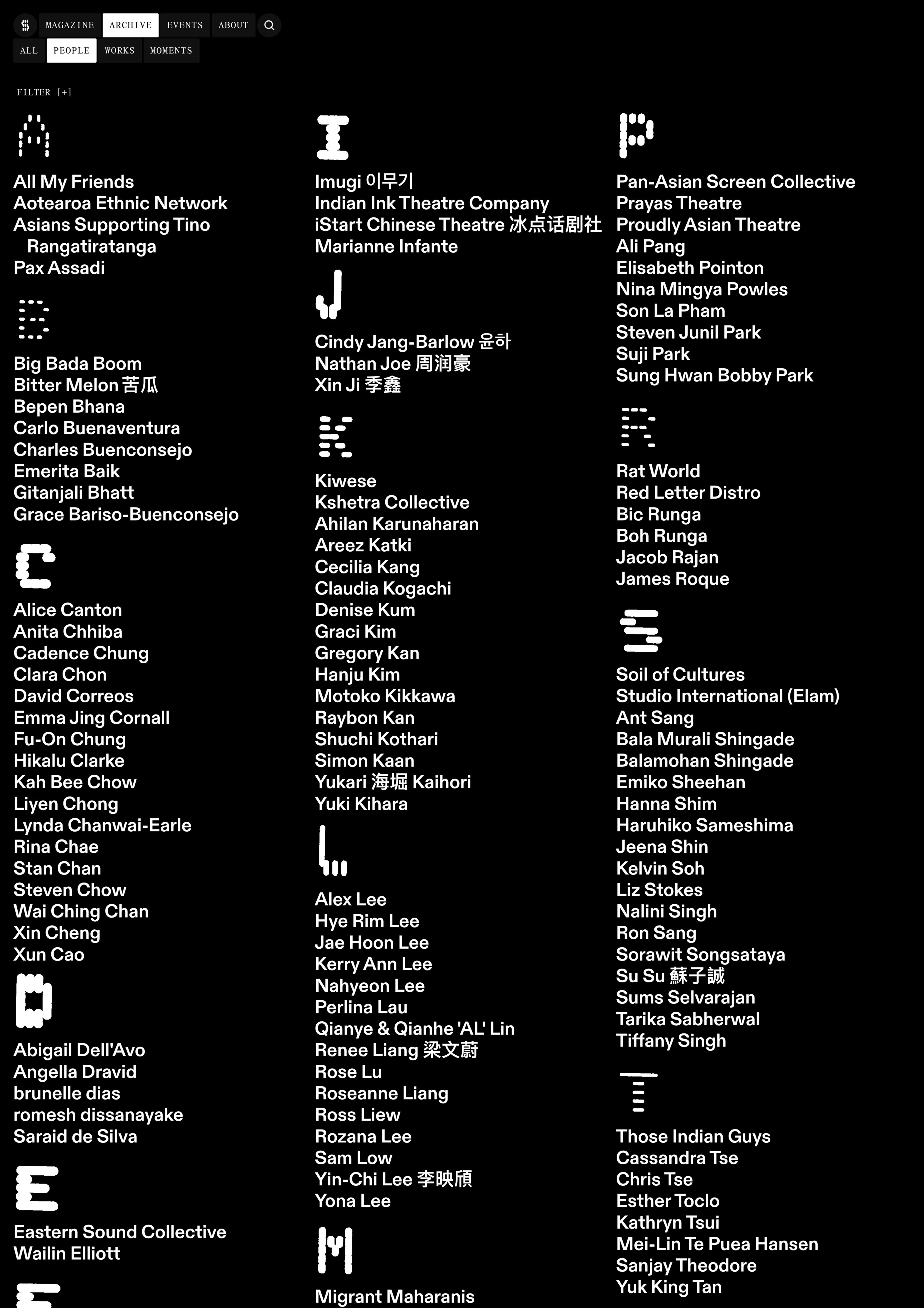 Lists of artist names listed alphabetically according to last name. White text on a black background.