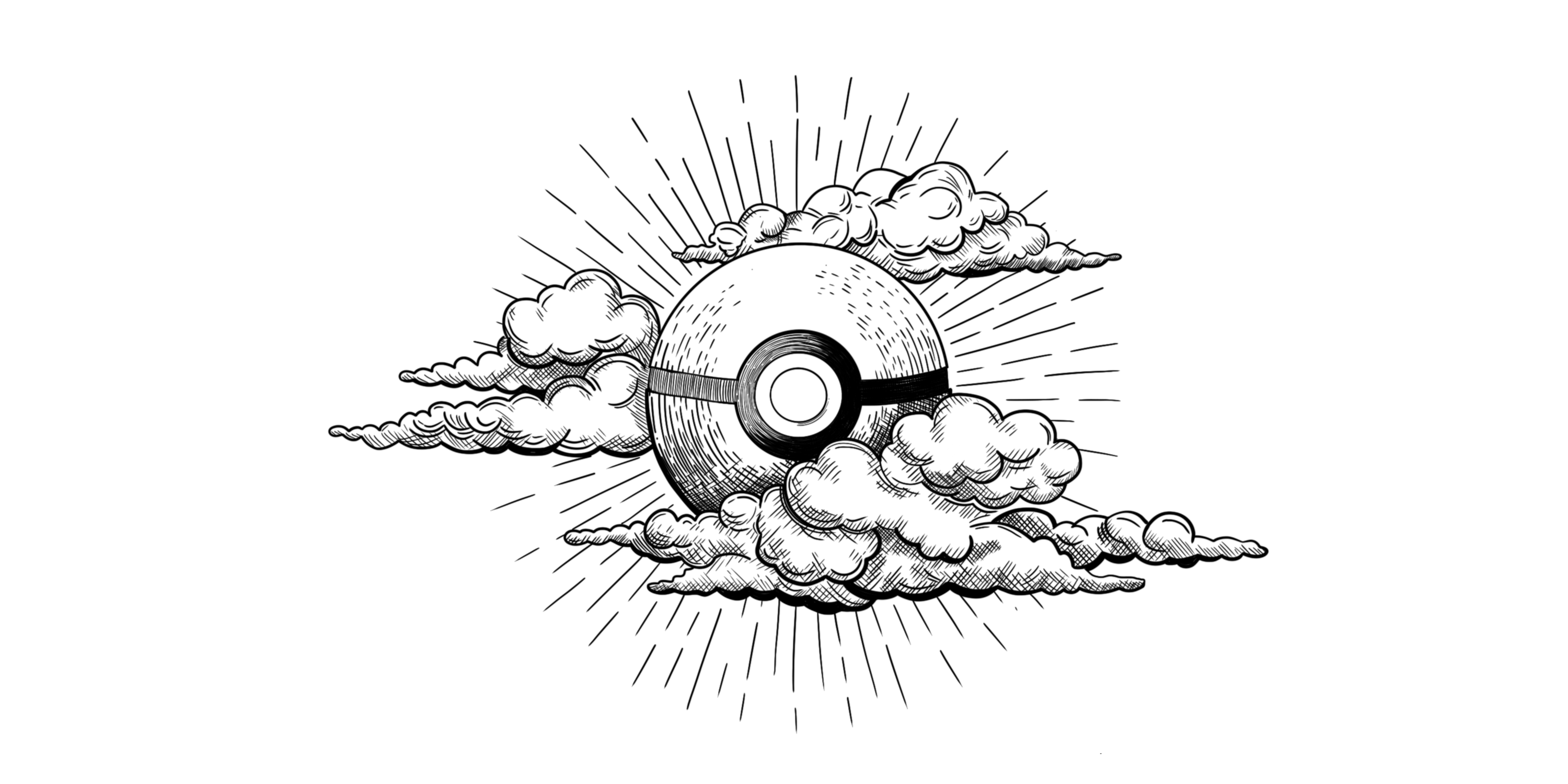 Illustration of a Pokeball among clouds.