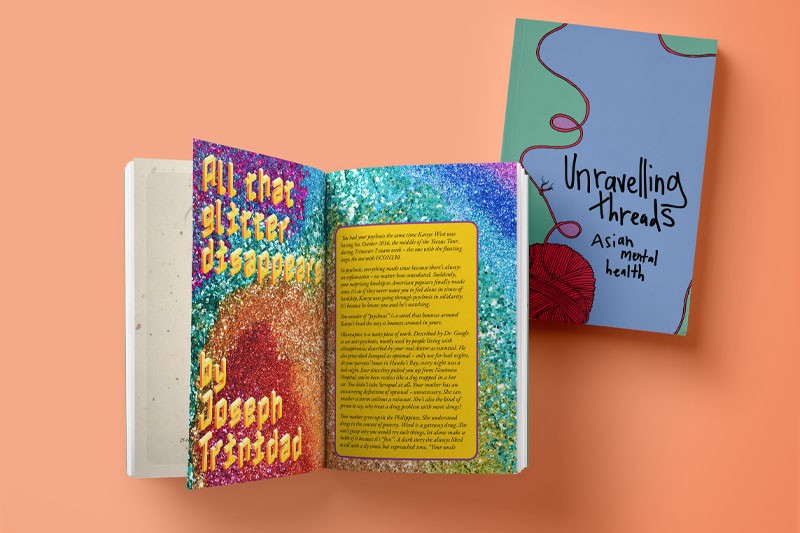 A colourful inside spread from the zine next to a closed second copy depicting the front cover. 