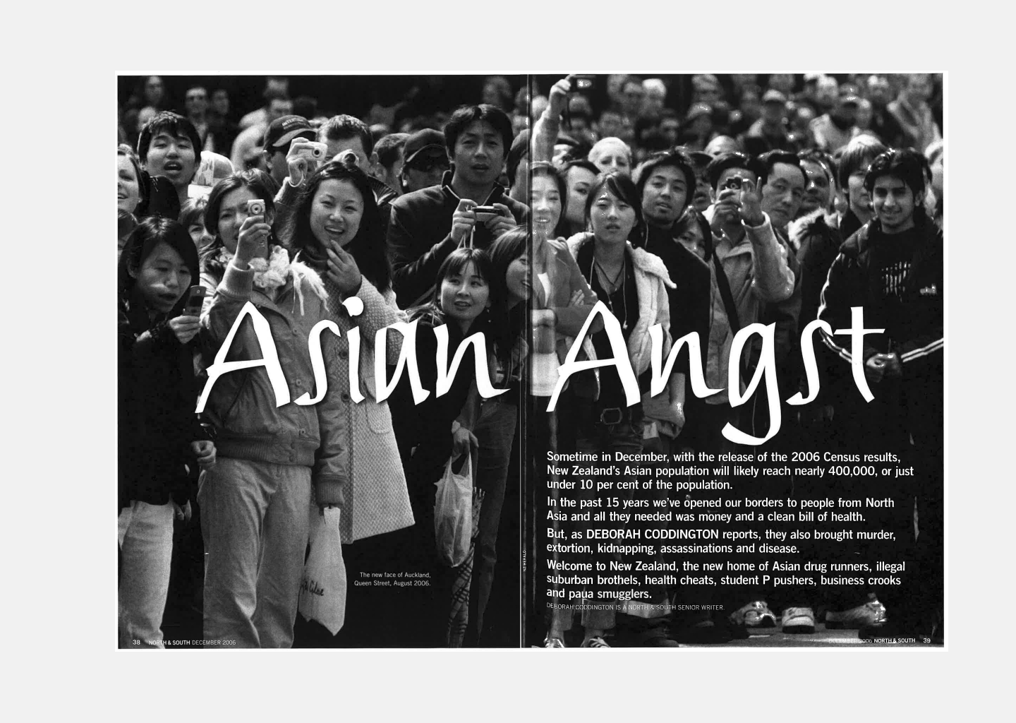 Magazine spread with a photo of an Asian crowd overlaid with the text 'Asian Angst'