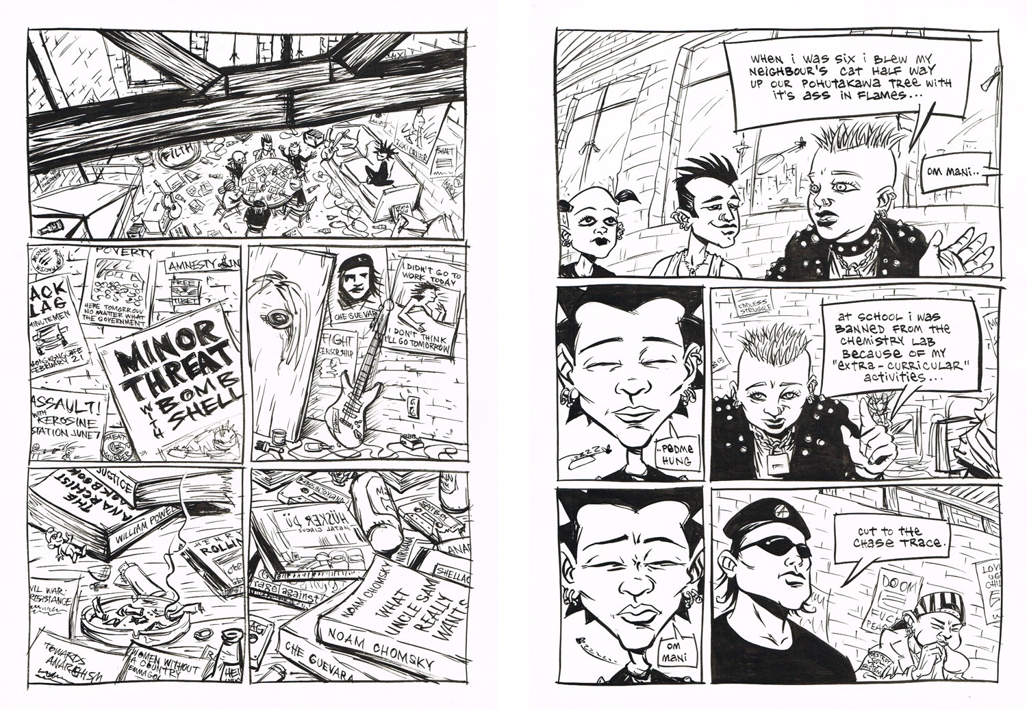 Black and white line art comics spread. 