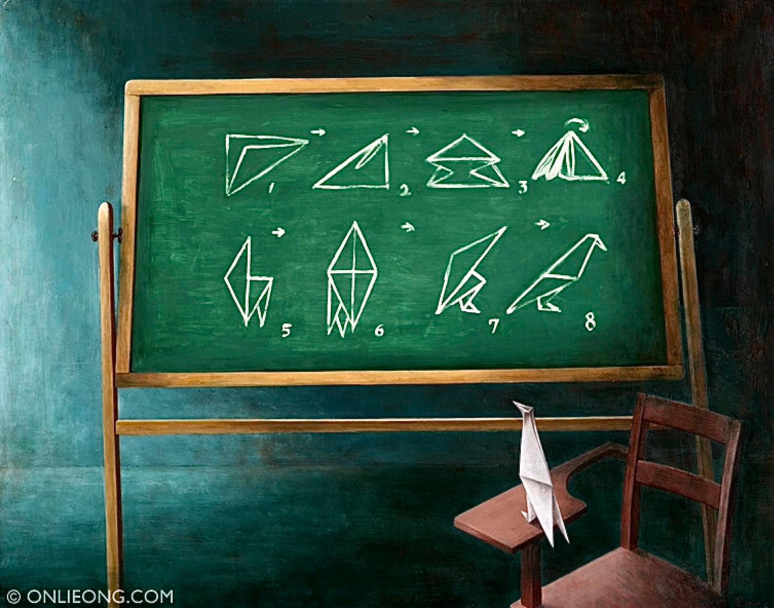 Painting of a classroom with a origami crane looking at a chalkboard that has diagram instructions of how to fold a paper crane 