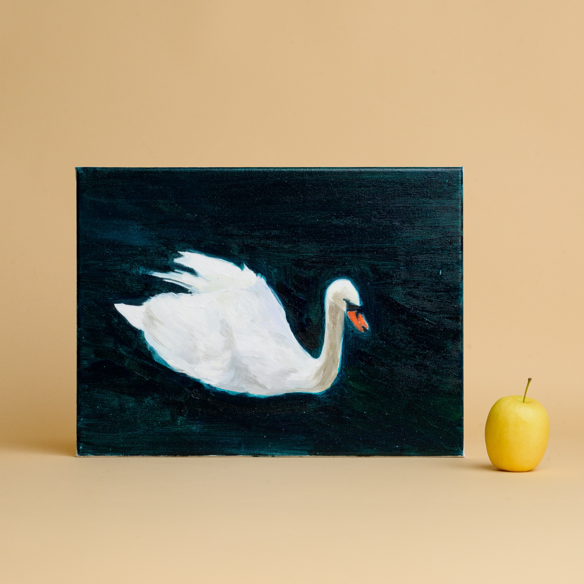 A painting of a swan in an emerald green lake