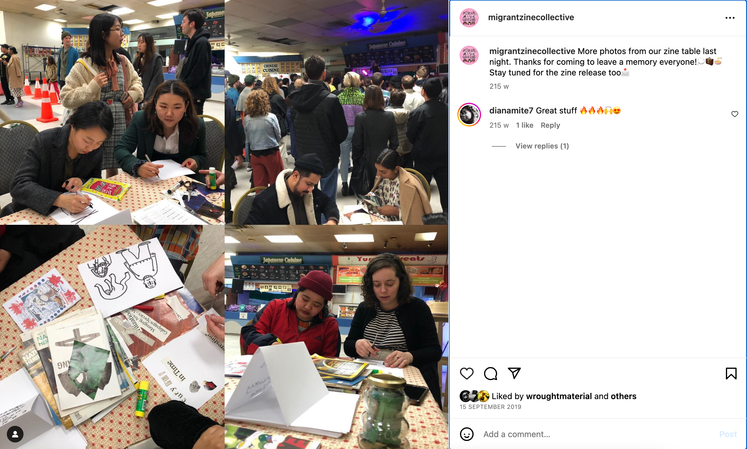 A grid of four images showing several different people working on collages and drawings around a table.