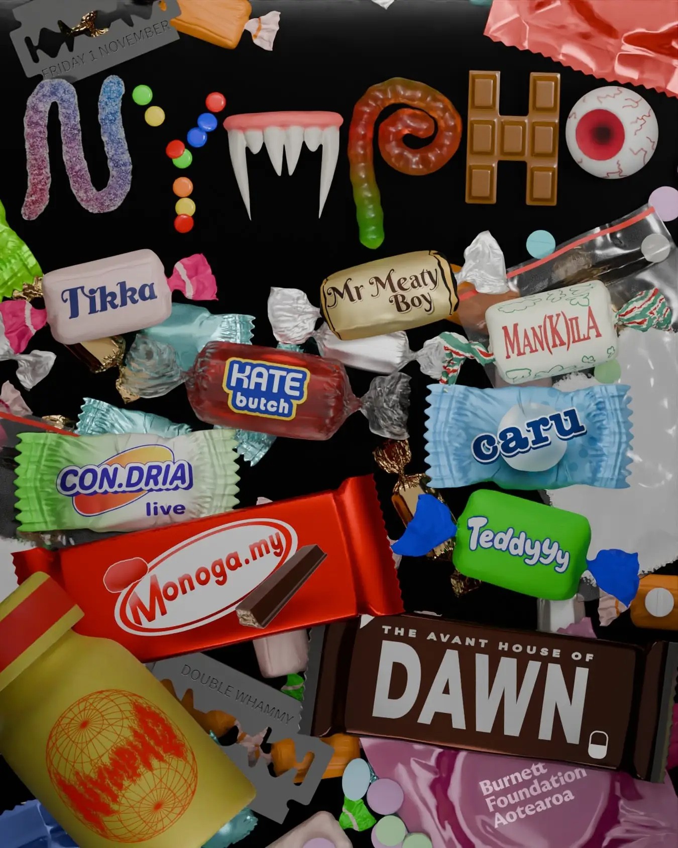 A stylish event poster design where the title NYMPHO is spelled in candy, and the names of DJs are written on candy wrappers