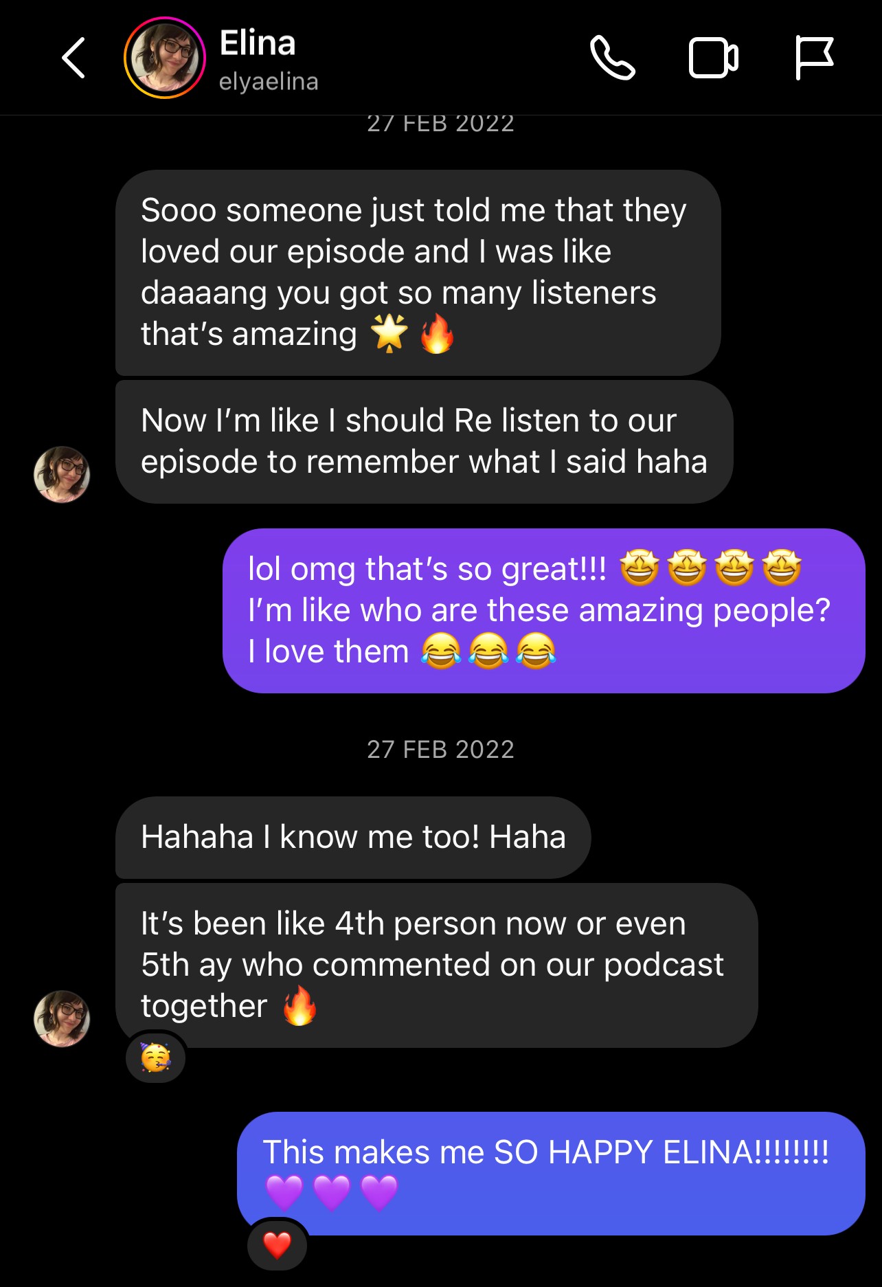 Conversation where Elina shares that someone has loved the episode they did together