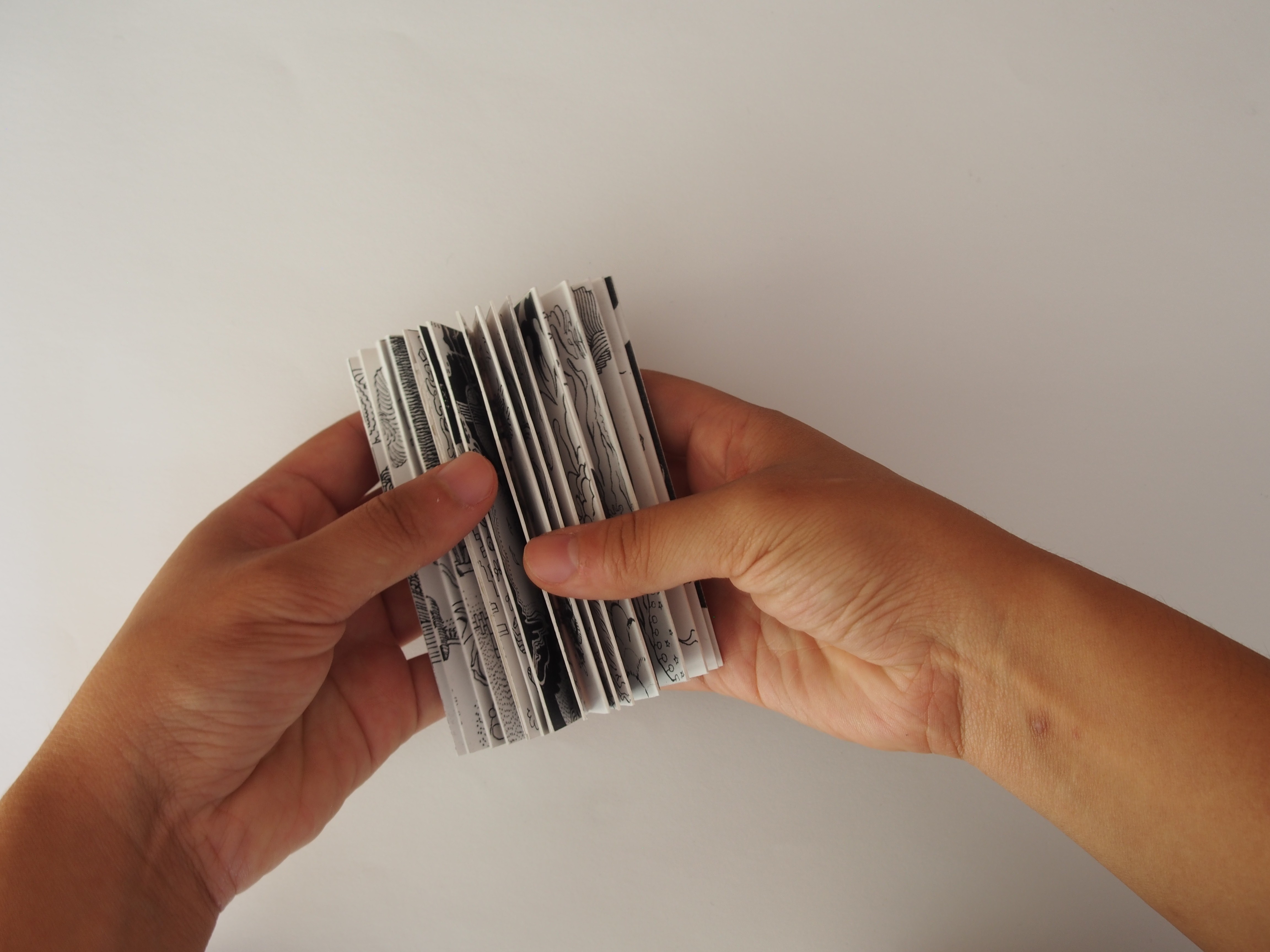 Two hands holding an accordion-bind mini zine. 