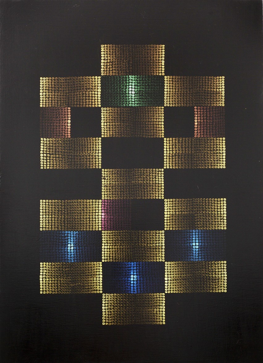 A metallic and multicoloured painting with a black background